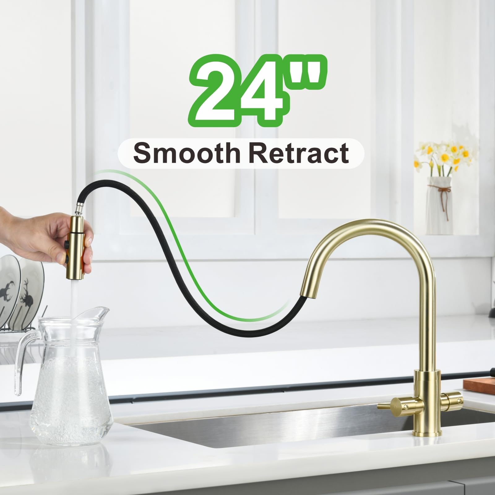 Premium Stainless Steel Kitchen Sink Faucet with Pull Down Sprayer - 2 Handle Brushed Gold Bar Faucet (Model PB1056) - Perfect for Modern Kitchens, Bars, and Commercial Use
