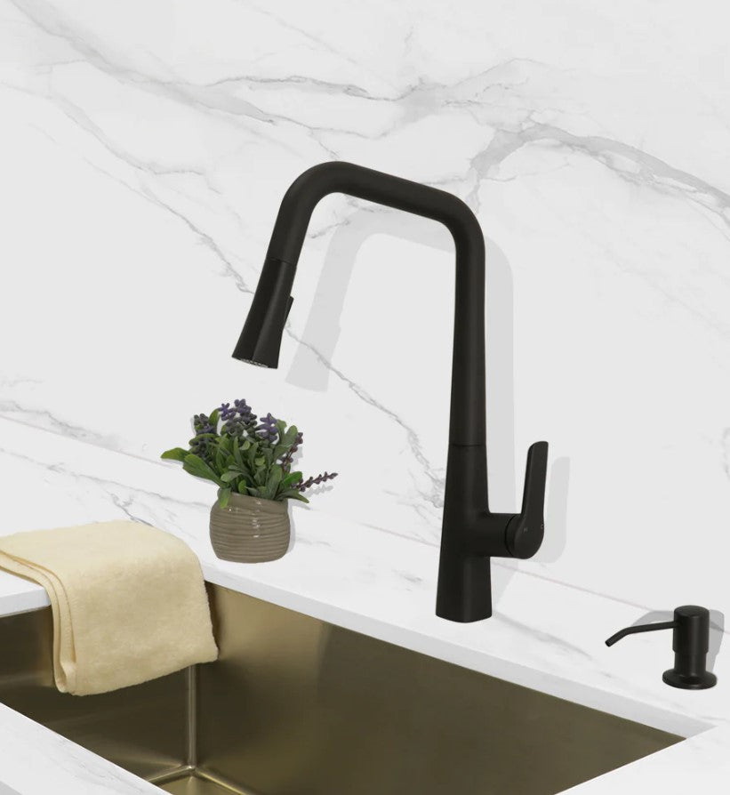 GRANI Pull Down Dual Spray Kitchen Faucet with High Arc Spout - Modern Matte Black Stainless Steel Sink Faucet for Easy Dishwashing & Food Prep (Perfect for Farmhouse, RV & Small Kitchen)