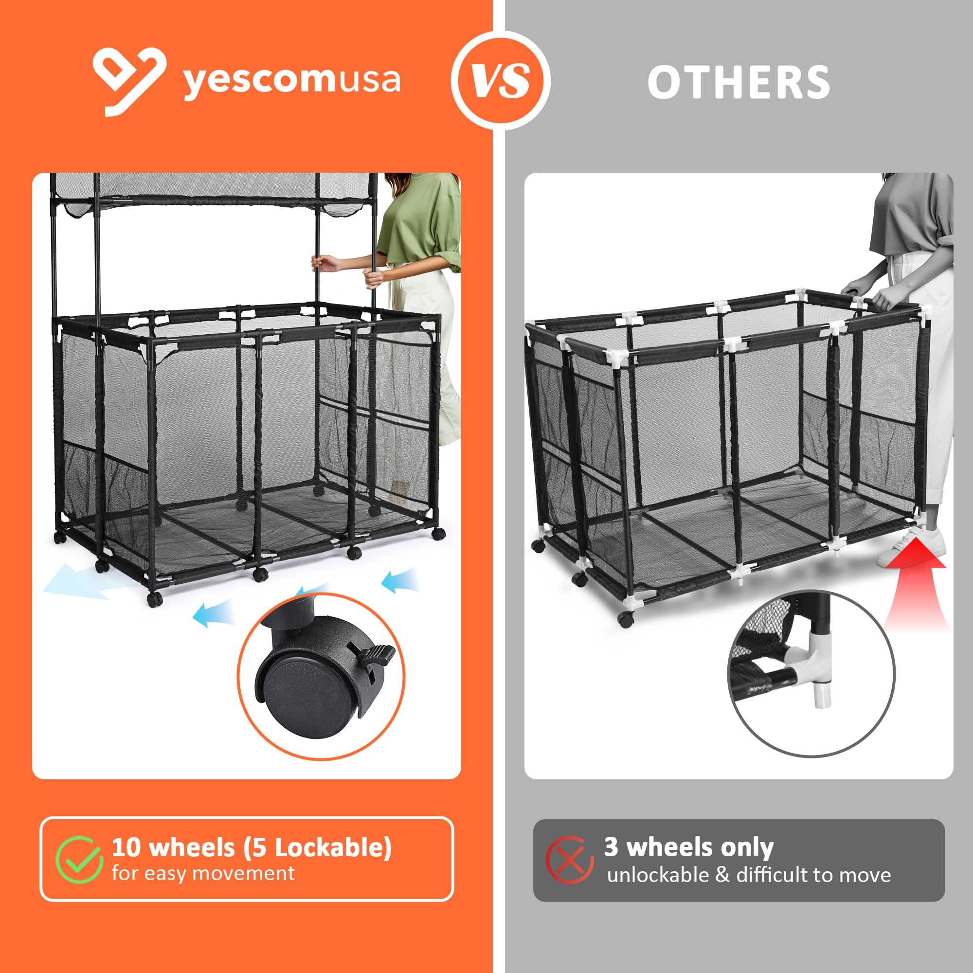 Yescom Heavy-Duty 10-Wheel Rolling Mesh Pool Storage Bin - XXL Double Decker with Noodle Holder, Pool Float Organizer - Upgraded Sturdy Connectors, 49