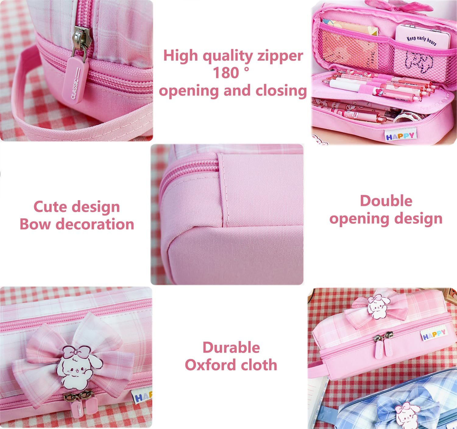 Colorful Large Capacity 2-Layer Oxford Pencil Case - Pink, Purple, Blue Bow Design School Stationery Organizer (21.5 x 8 x 8.5cm) for Students, Office & Art Supplies Storage