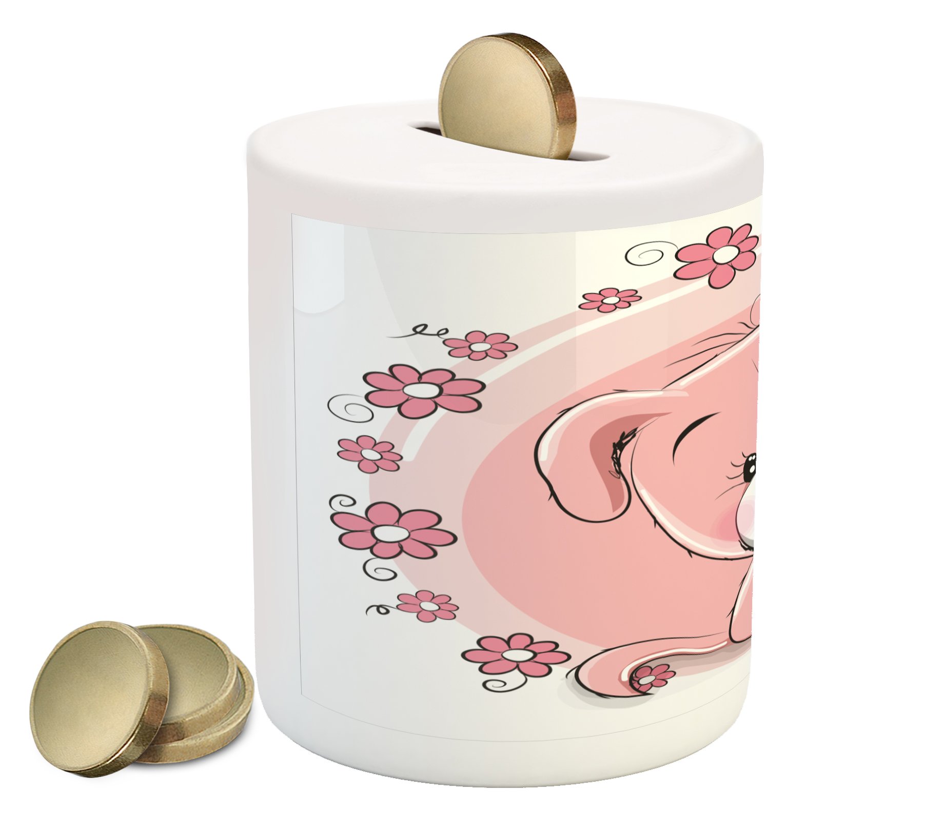 Ambesonne Ceramic Dog Piggy Bank - Cute Puppy with Daisy Flowers Design, Money Box for Cash Saving, Gift for Girls & Pet Lovers (Pale Pink, Coral White) - Perfect for Kids' Savings, Birthday Gifts & Home Decor