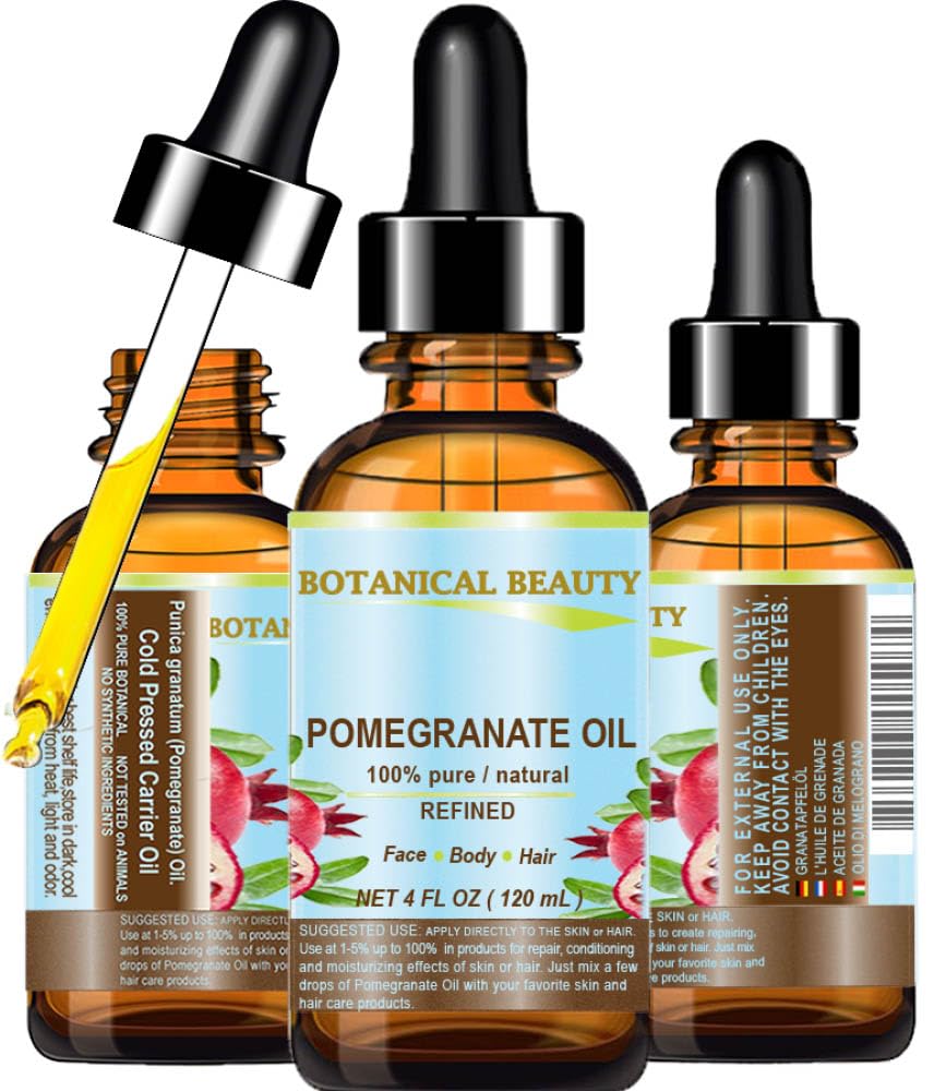 100% Pure Natural Refined Cold-Pressed Pomegranate Carrier Oil - 4 Fl oz (120ml) for Face, Skin, Body, Hair & Nails - Rich in Vitamin C - Botanical Beauty - Perfect for Daily Skincare, Hair Treatment & Anti-Aging Routine