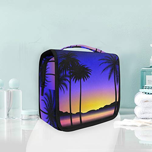 Domook Hanging Travel Toiletry Bag with Tropical Palm Sunset Design - Waterproof Cosmetic Organizer for Men & Women | Perfect for Vacation, Camping & Gym Essentials Storage