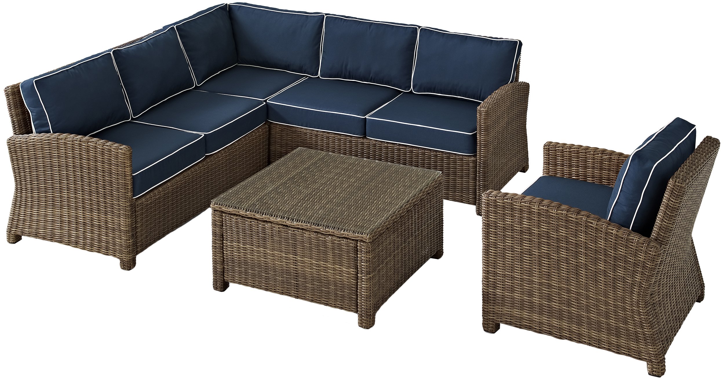 Crosley Furniture Bradenton 5-Piece Outdoor Sectional Sofa Set - All-Weather Wicker Patio Furniture with Navy Cushions for Deck, Garden & Backyard Relaxation