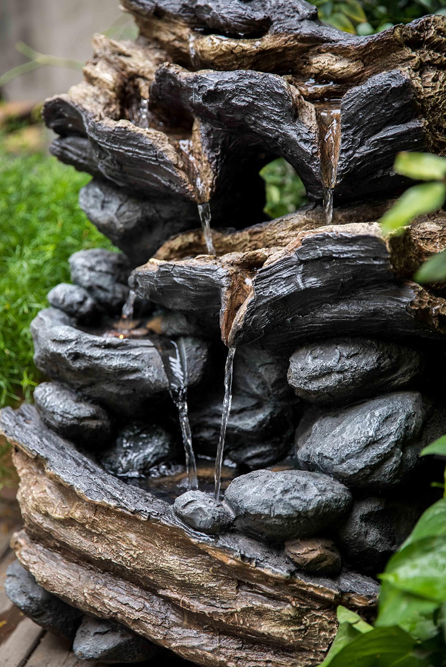 23 Inch Tall Stump Outdoor Freestanding Rock Waterfall Fountain with LED Lights & Pump - Perfect for Garden, Patio, and Backyard Decor