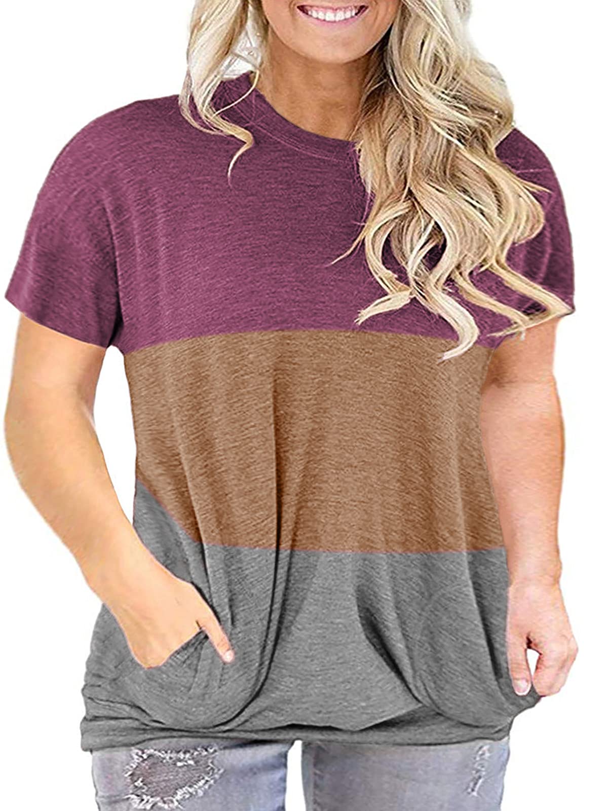 LANREMON Women's Plus Size Casual Short Sleeve Tunic Top with Pockets - Comfortable Round Neck Blouse for Work, Weekend & Everyday Wear