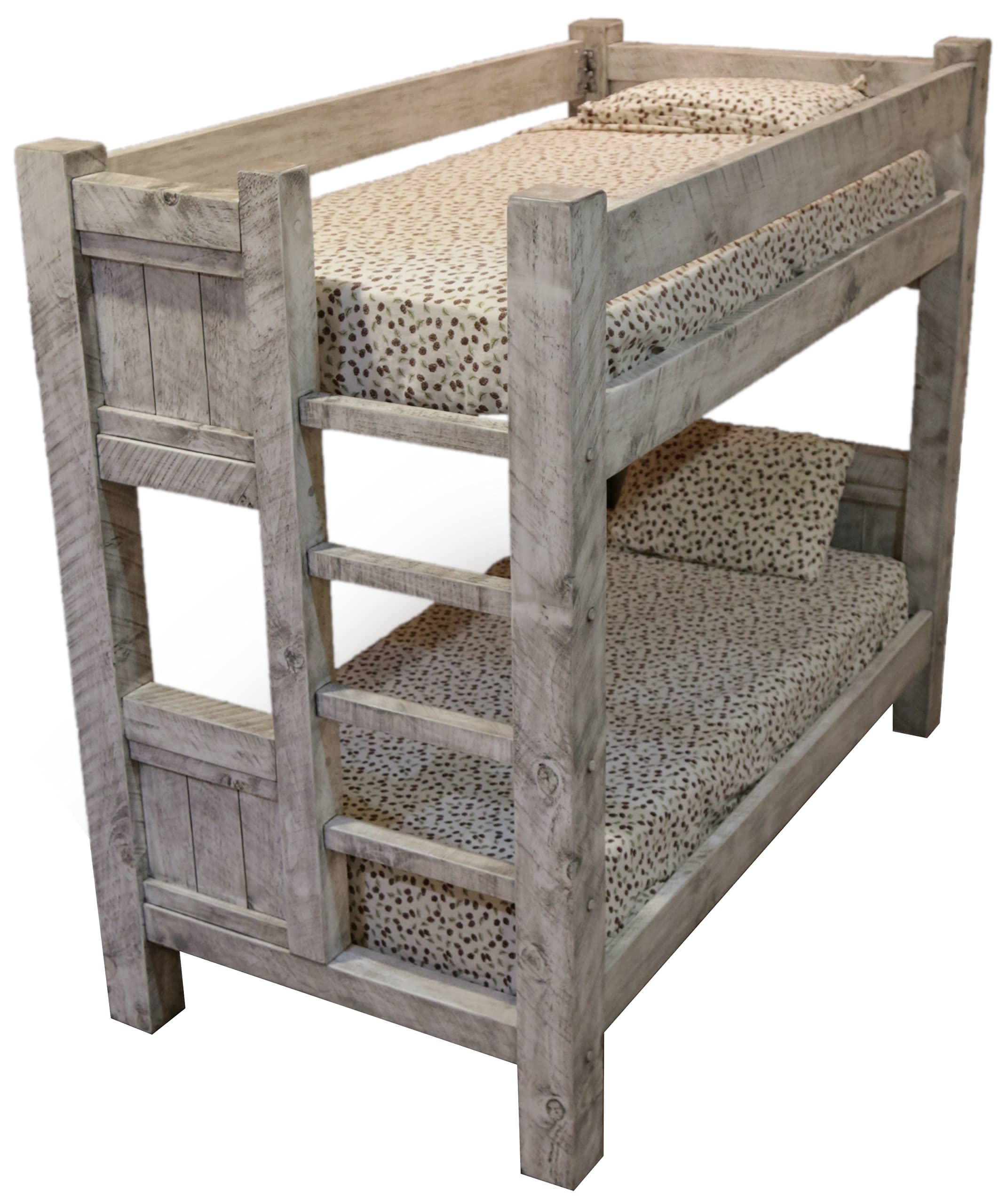 Farmhouse Style Queen Over Queen Bunk Bed with Timber Peg Design - Thunder White Finish | Space-Saving Bedroom Furniture for Kids, Teens & Guest Rooms