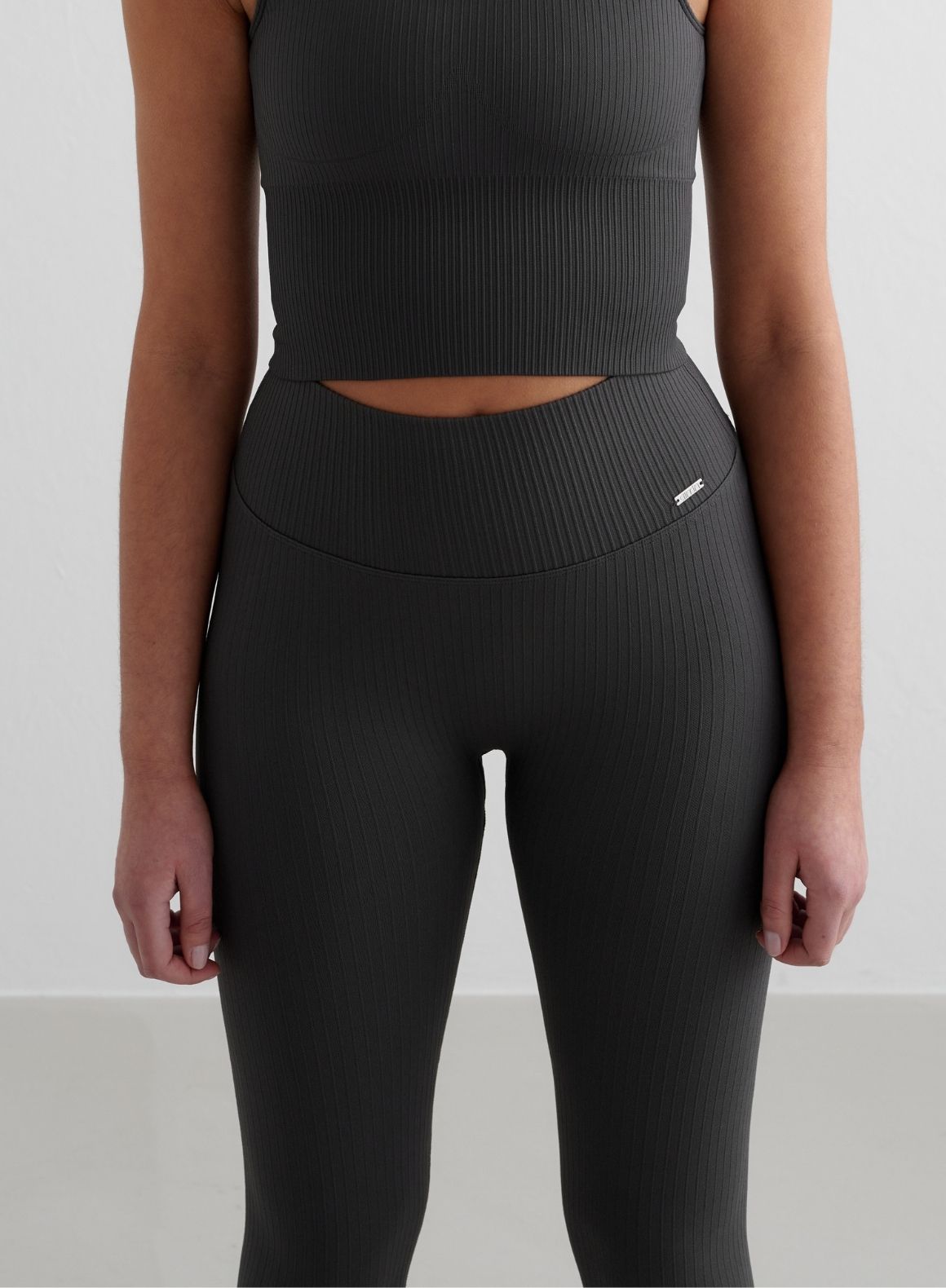 Shadow Grey Ribbed Seamless Petite Tights for Women - High Waisted Yoga Workout Leggings - Comfortable Stretchy Gym Running Tights for Petite Sizes