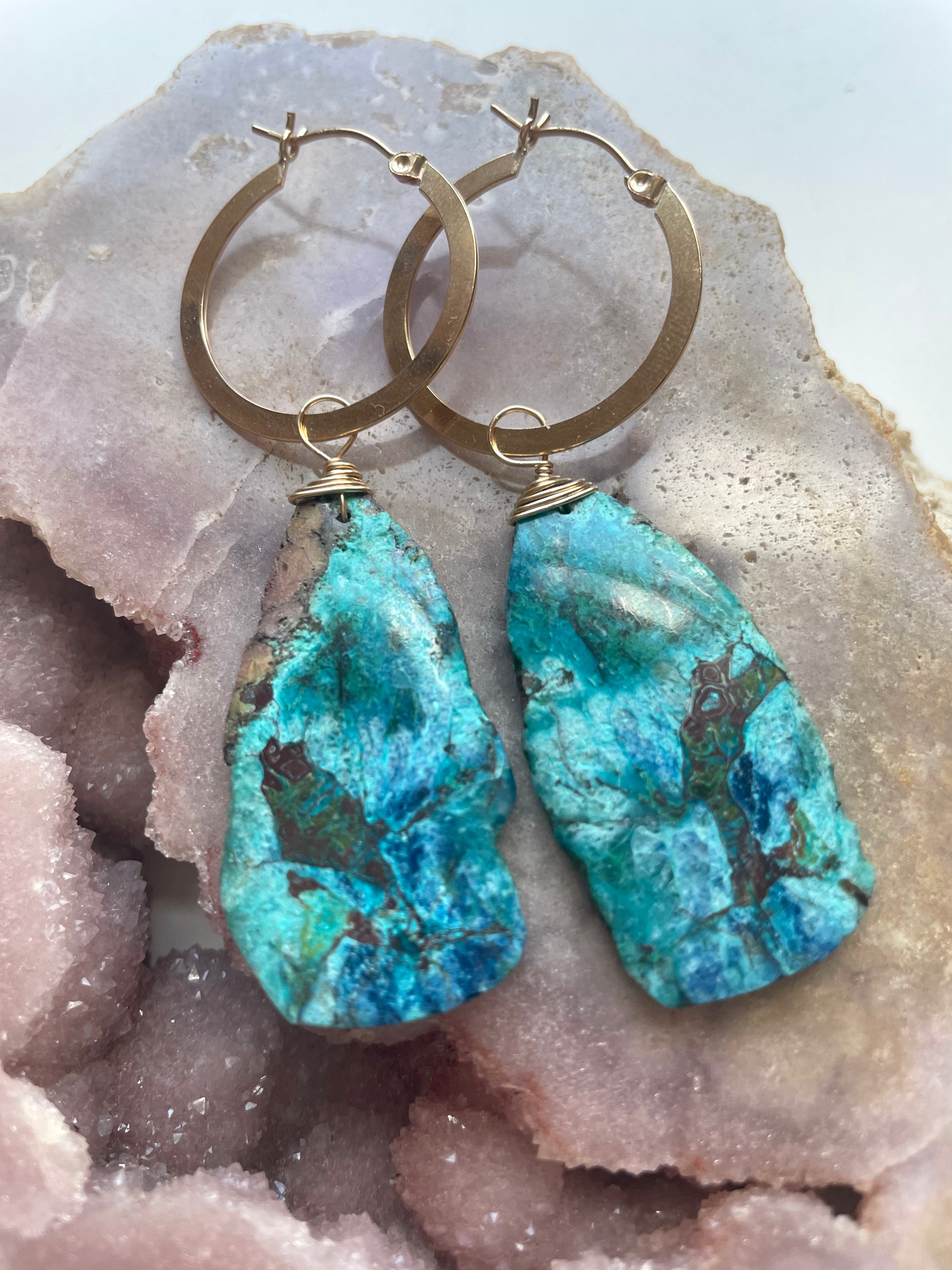 Extra Large Chrysocolla Gold Filled Statement Hoop Crystal Gemstone Earrings for Women | Elegant Boho Jewelry for Parties, Weddings & Special Occasions