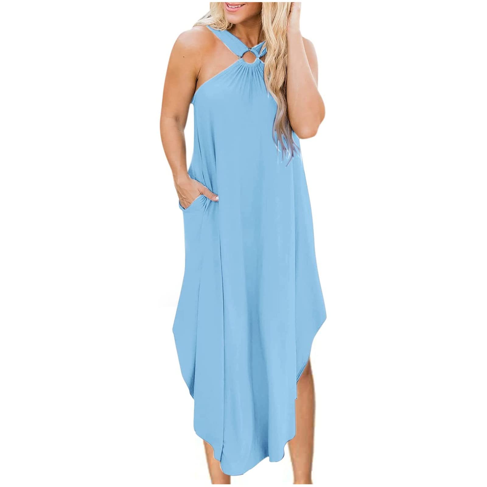 2024 Women's Summer Dresses - Sleeveless Sexy Halter Midi & Maxi Dress with Irregular Hem | Casual Boho Chic, Party & Club Night Outfits | Perfect for Beach Vacations, Date Nights & Summer Festivals