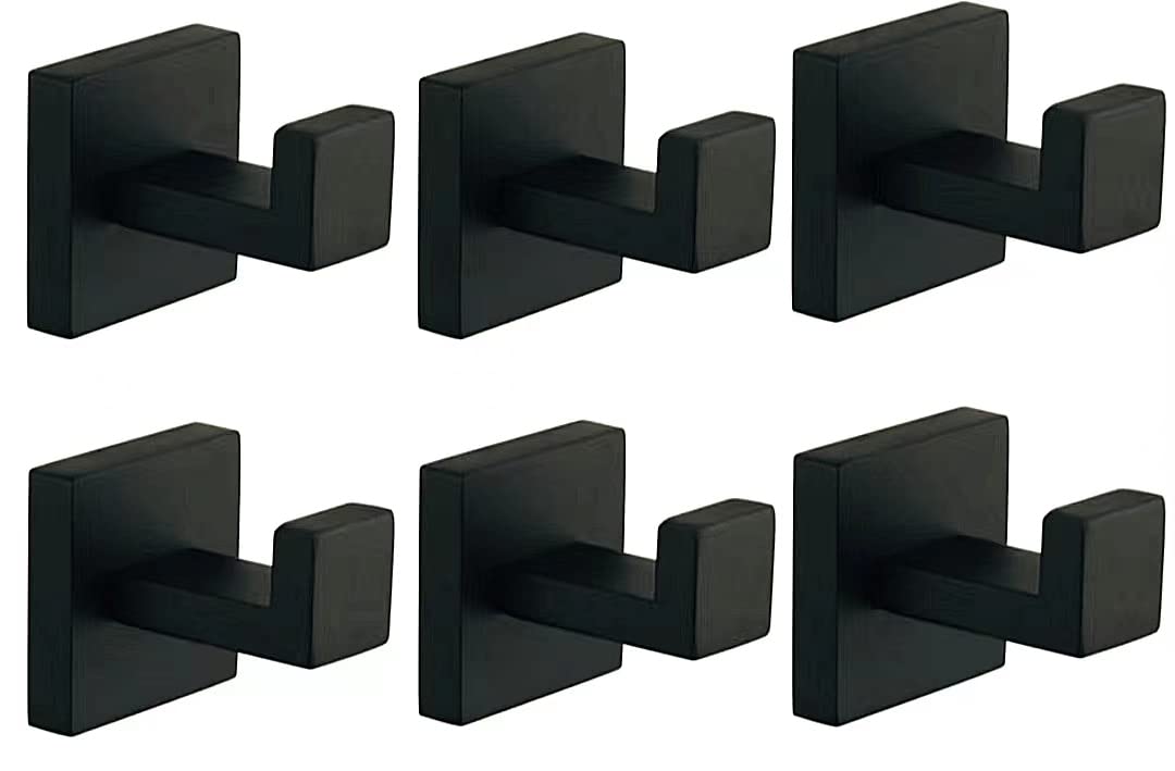 6 Pack Black Square Towel Hooks - SUS304 Stainless Steel Heavy Duty Wall Mount Hooks for Bathroom, Kitchen & Robe - Matte Black Finish for Hanging Towels, Coats & Bathrobes (Perfect for Home, Hotel & Spa Decor)