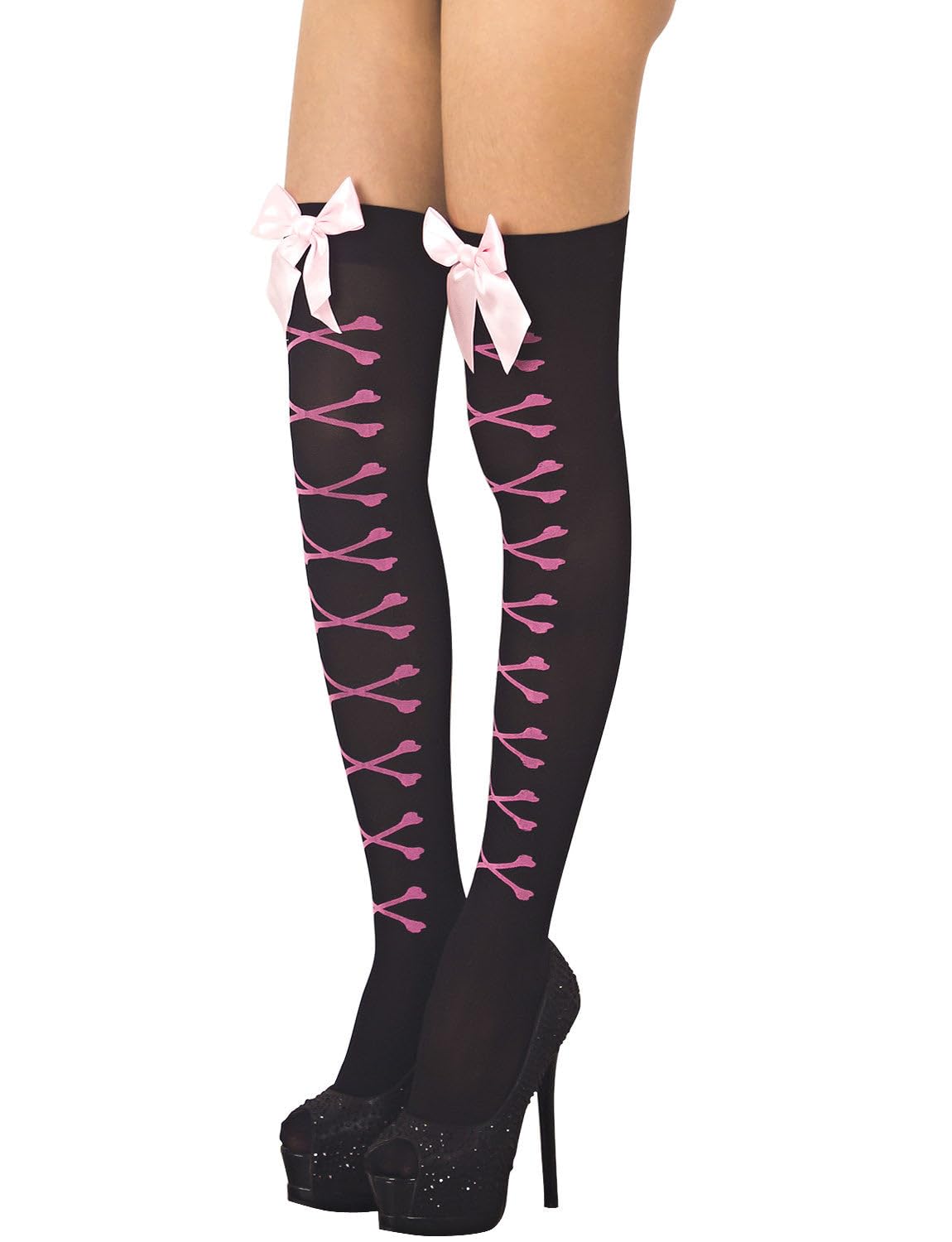 iB-iP Women's Punk Thigh High Stockings - Gothic Bones Print Seamless Hold-Up Socks for Cosplay, Halloween & Alternative Fashion Outfits