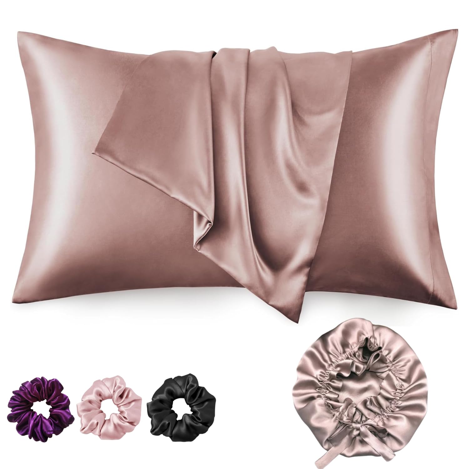 Silk Satin Bonnet for Curly Hair & 2 Satin Pillowcases + 3 Scrunchies Set - Best Hair Protection Gift Combo for Women | Nighttime Hair Care, Travel Essentials & Bedroom Luxury Accessories
