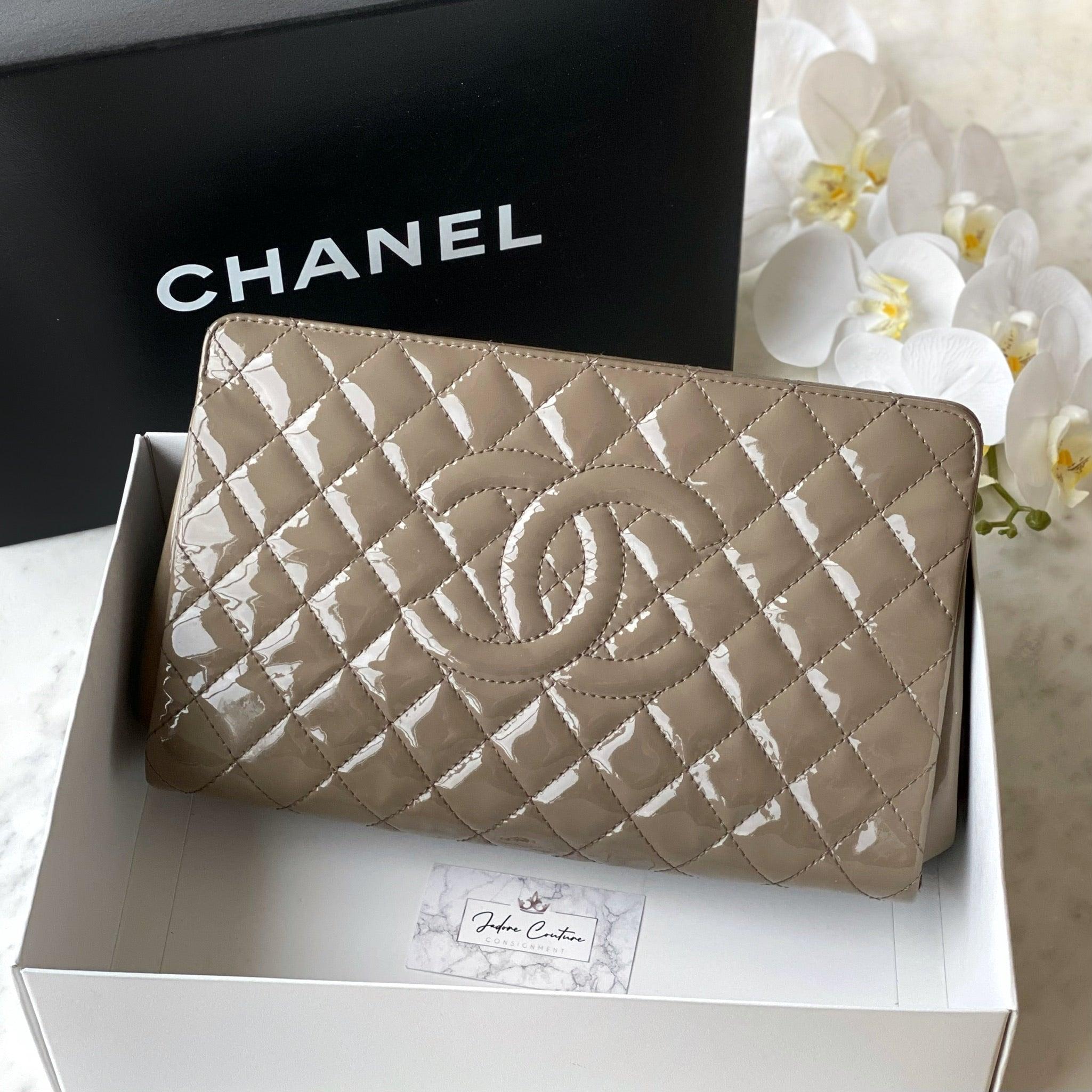 Chanel Taupe Patent Leather Timeless Large Clutch Bag - Elegant Evening Clutch for Women's Parties, Weddings & Special Events