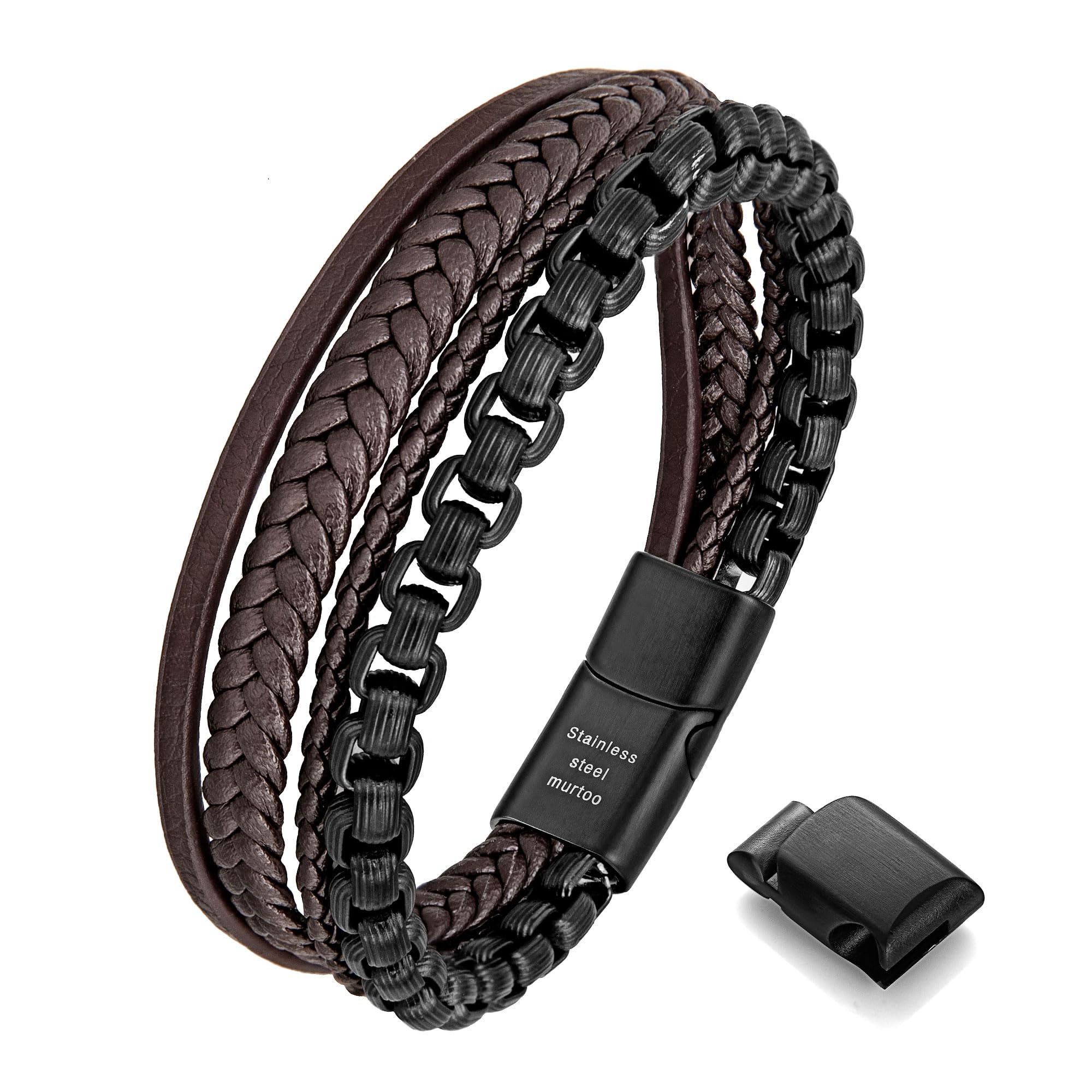 Speroto Men's Leather & Steel Bracelets with Clasp - Adjustable Chain Bracelet for Men - Stylish Gift for Boyfriend, Husband, Father - Perfect for Casual Wear, Date Night & Special Occasions