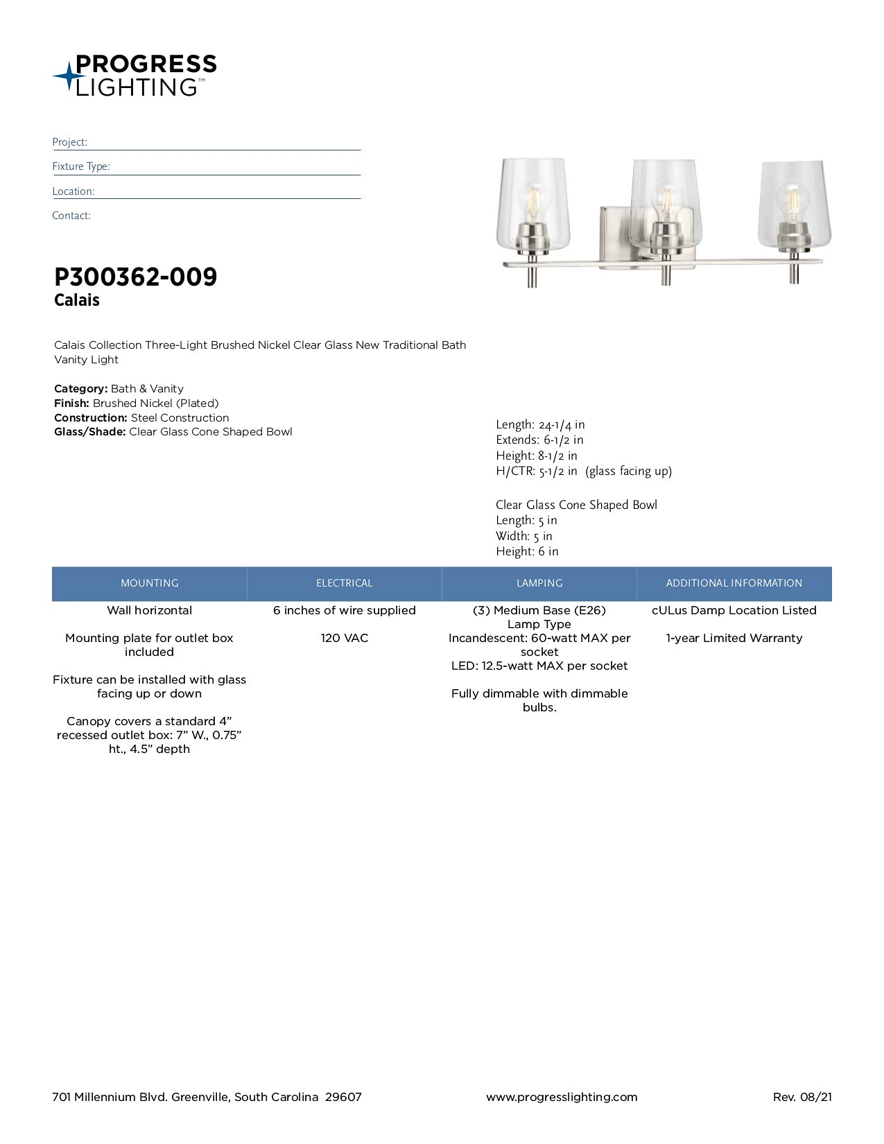 Progress Lighting P300362-009 Calais Bath & Vanity Light Fixture in Brushed Nickel - Modern Bathroom Lighting for Vanity Mirror & Sink Area