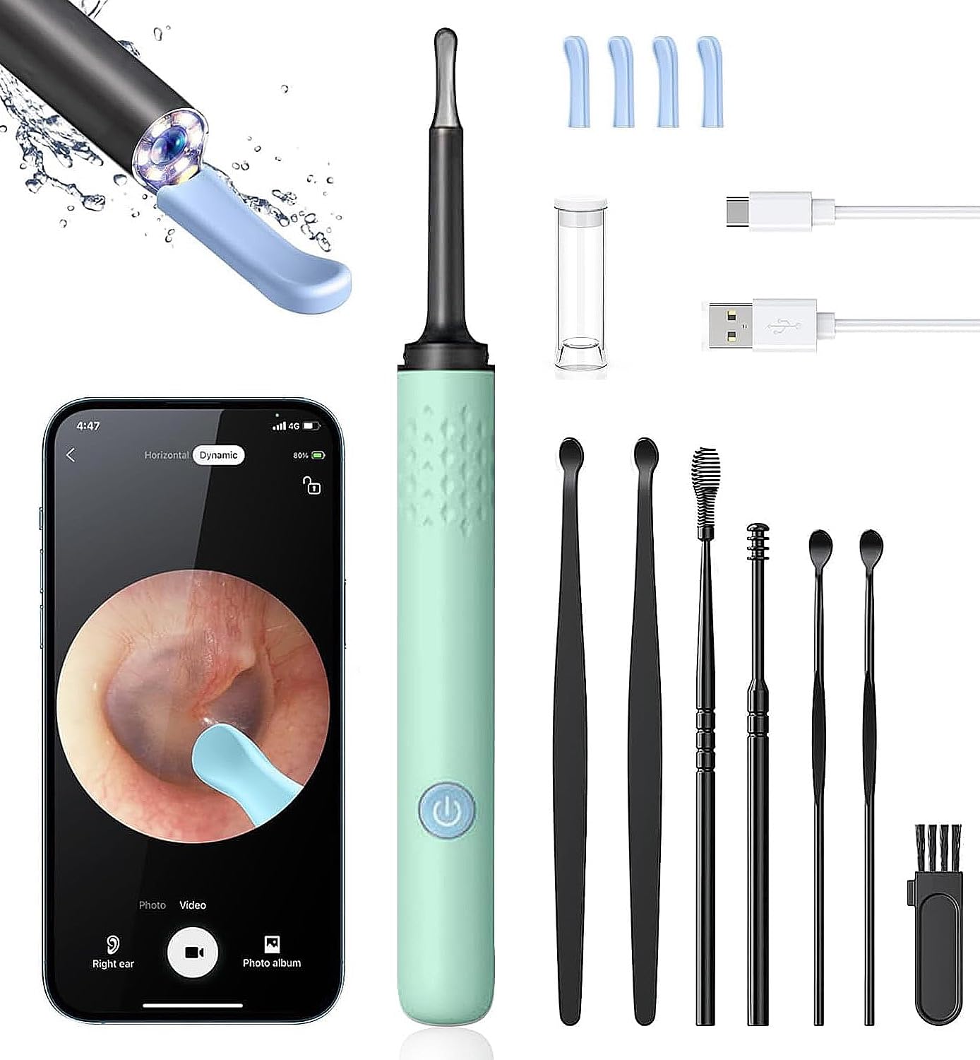 1080P HD Ear Wax Removal Camera Tool with 4 Ear Spoons - Ear Cleaning Kit for iOS & Android - Safe Earwax Removal with LED Light (Lake Green) - Perfect for Home Hygiene & Kids Ear Care