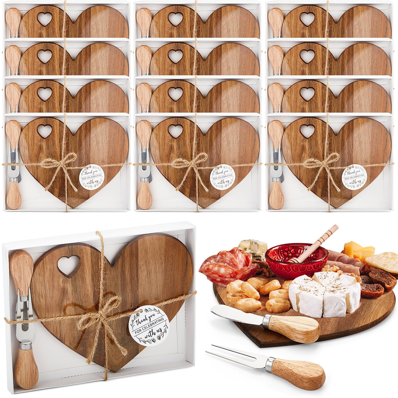 12-Piece Acacia Wood Heart Cheese Board Set with Knives - Mini Charcuterie Platter for Bridal Shower Favors, Wedding Guest Gifts, Baby Showers, Birthdays & Valentine's Day - Perfect for Cheese Tastings, Charcuterie Parties & Thank You Gifts