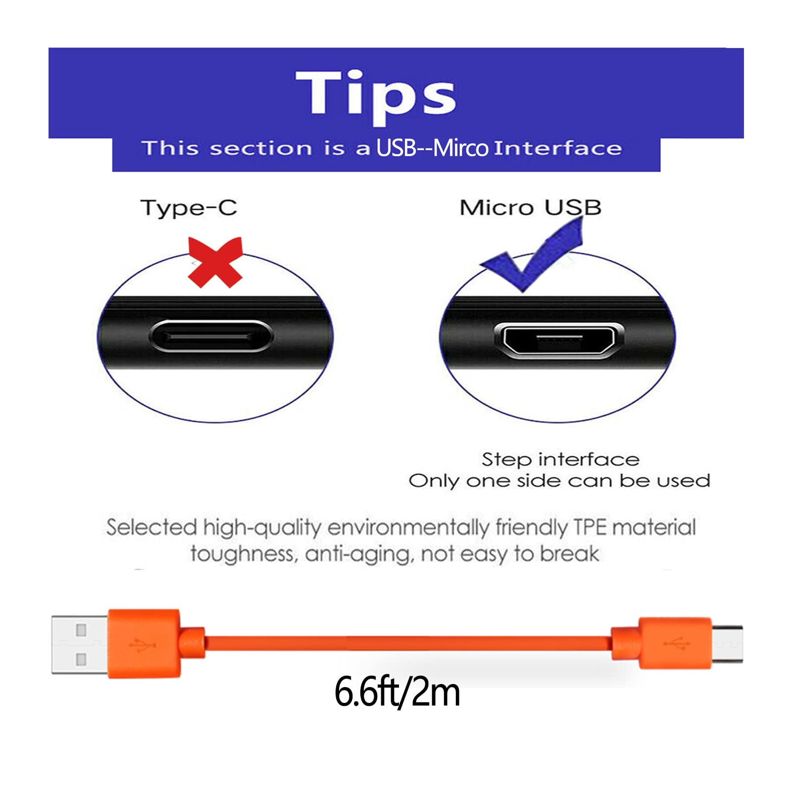Fast Charging Replacement Cable for Ring Video Doorbell (2020 Release) 2/3/3 Plus/4, Doorbell Pro/Plus & Camera Battery - 3.3ft Orange Power Cord - Perfect for Home Security & Continuous Video Monitoring