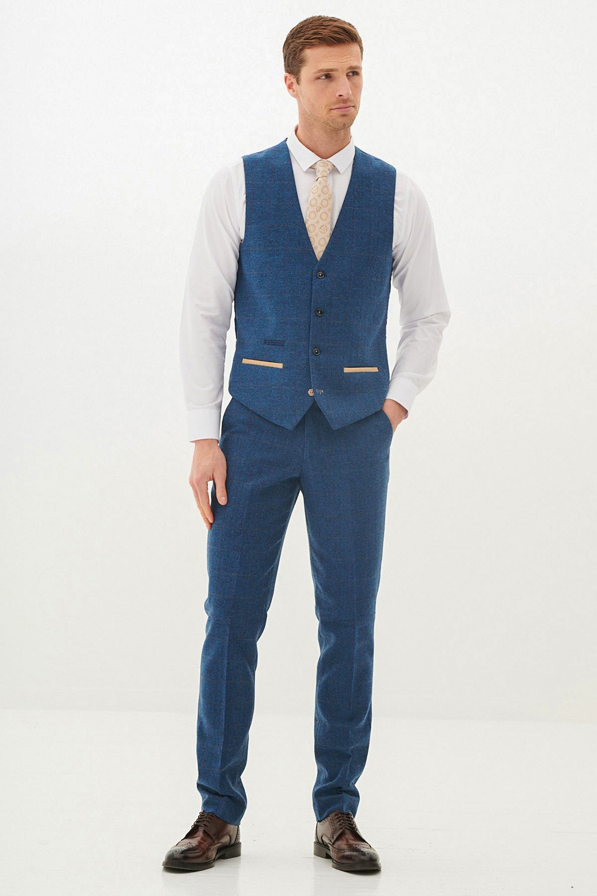 LEN DION Men's Blue Tweed Check Waistcoat Vest - Stylish Formal Wear for Weddings, Parties & Business Events