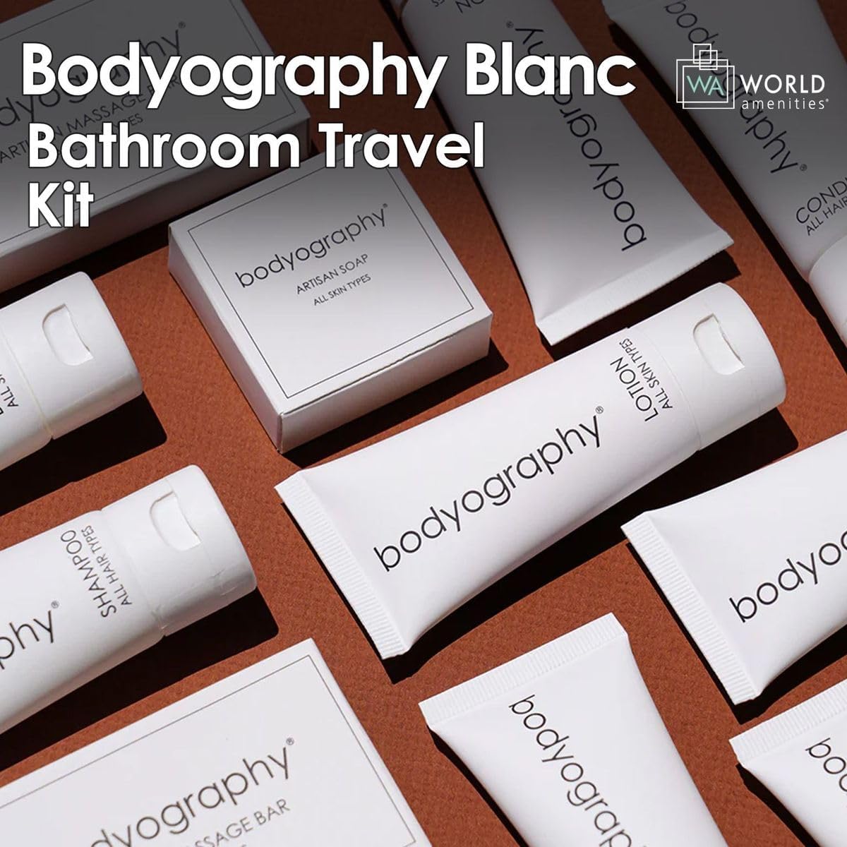 Bodyography Blanc Mini Travel Size Toiletries Bathroom Kit - Vanilla White Tea Scented Shampoo, Conditioner, Body Wash, Lotion, Artisan Soap & Massage Bar | Perfect for Hotels, Gyms, Camping & On-The-Go Self Care