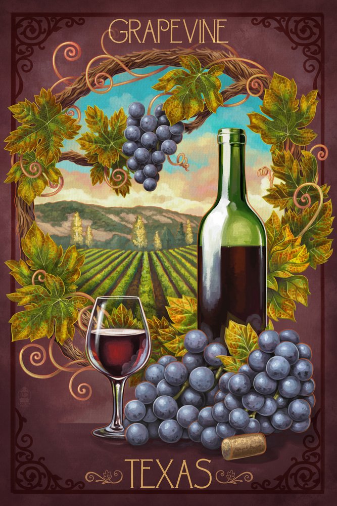 Lantern Press Grapevine Texas Merlot Art Print - 9x12 Wall Decor Travel Poster for Home, Office & Wine Cellar | Vintage Wine Country Wall Art