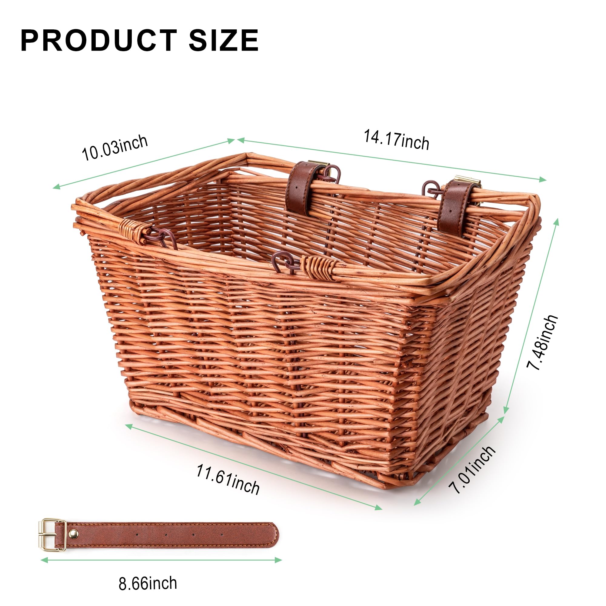 Original Handmade Woven Wicker Bike Basket with Adjustable Leather Straps - Front Bicycle Basket for Commuting, Shopping & Picnics - Durable Rattan Bike Accessory for Women & Men