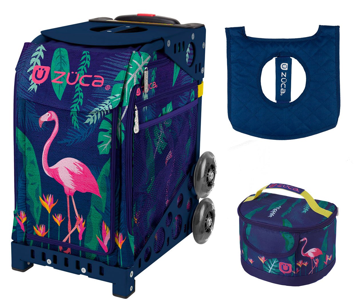 **ZUCA Sport Backpack with Seat & Lunchbox - Flamingo Print Navy Frame for Gym, School & Travel**