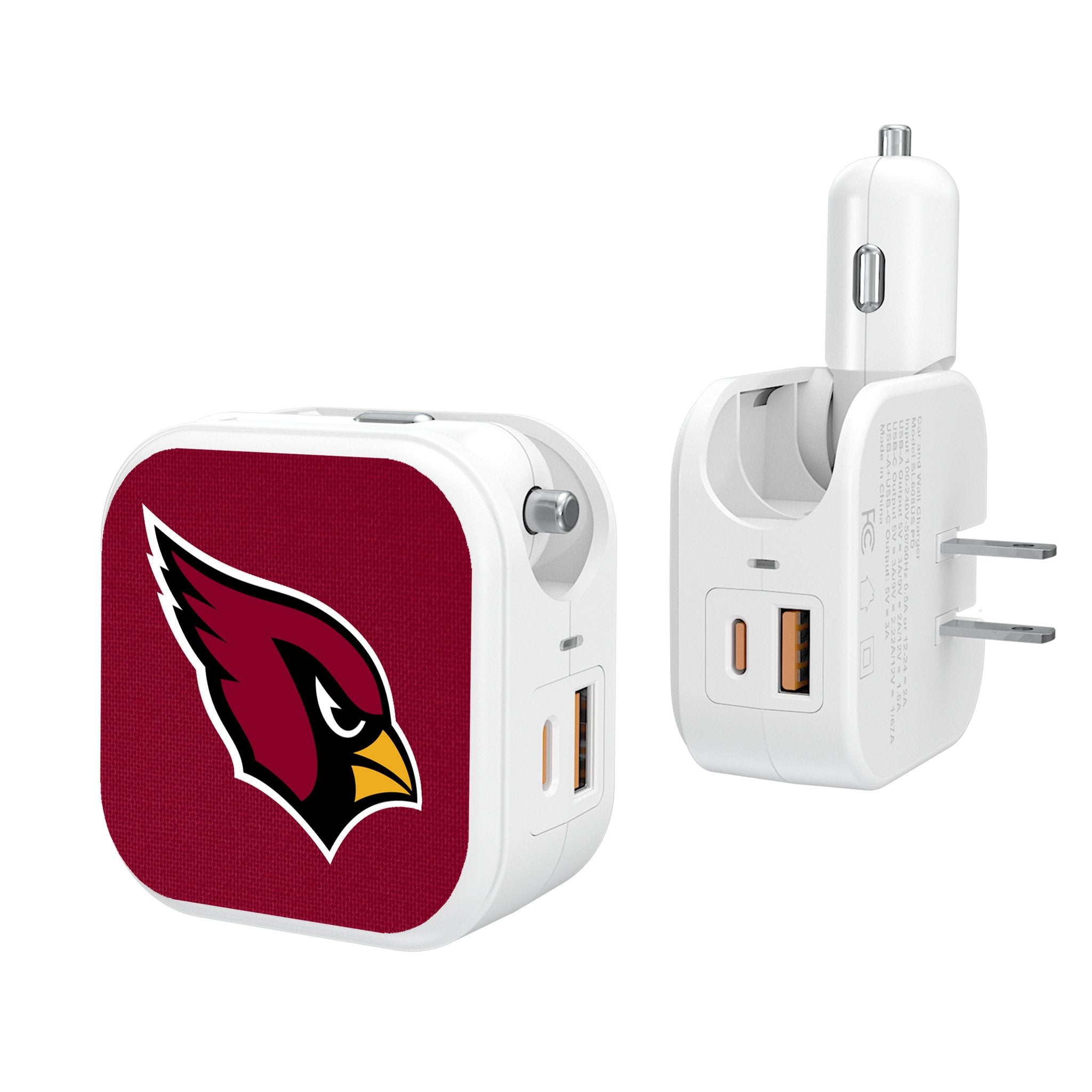 Arizona Cardinals 2-in-1 USB Charger - Fast Charging Dual Port Car & Wall Adapter for iPhone, Android - Perfect for Travel, Home & Office Use