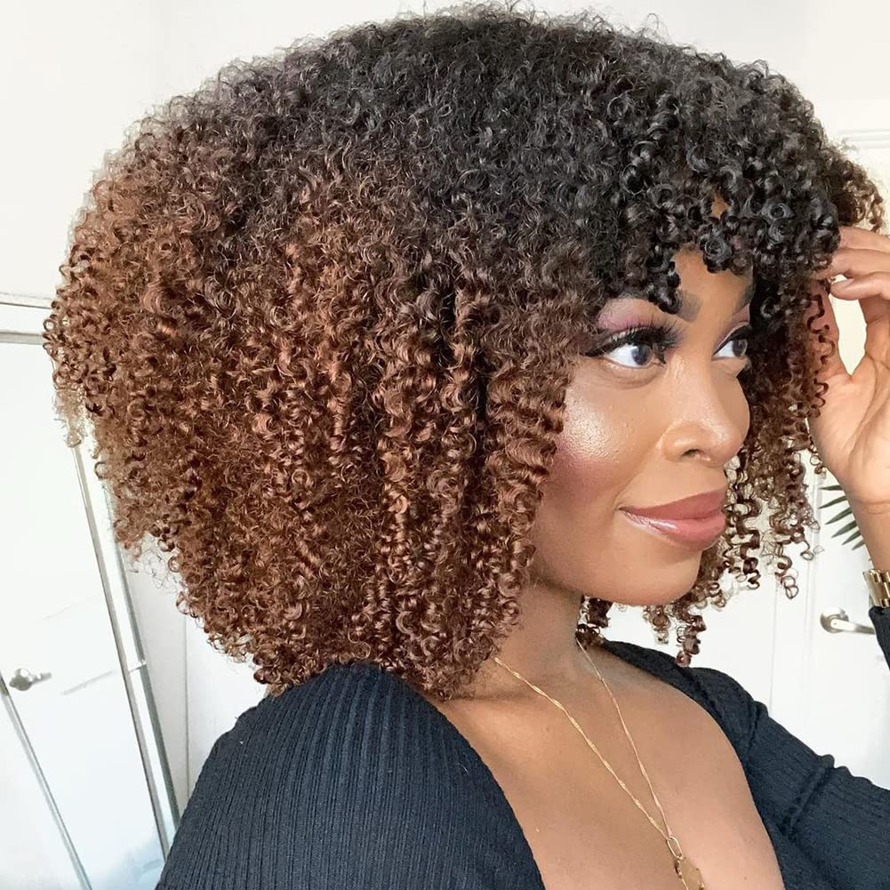 200% Density Ombre Human Hair Wigs - Afro Kinky Curly Two Tone Brazilian Virgin Hair Wig with Bangs | Glueless Machine Scalp Top | 18 Inch for Black Women | Perfect for Daily Wear, Parties & Special Occasions
