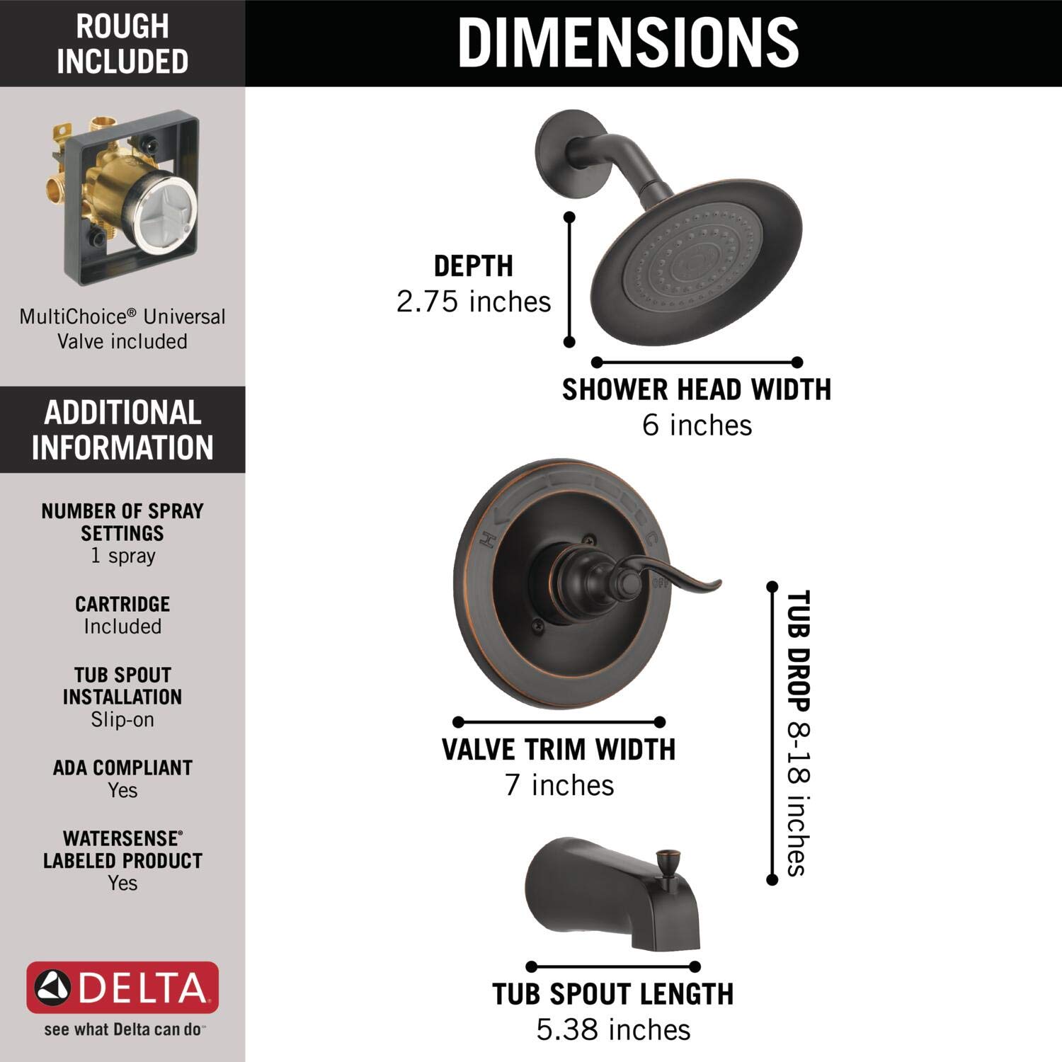 DELTA Faucet Windemere Single-Function Tub and Shower Trim Kit with Single-Spray Shower Head in Oil Rubbed Bronze - BT14496-OB (Includes Valve) - Perfect for Bathroom Renovation & Modern Home Upgrade