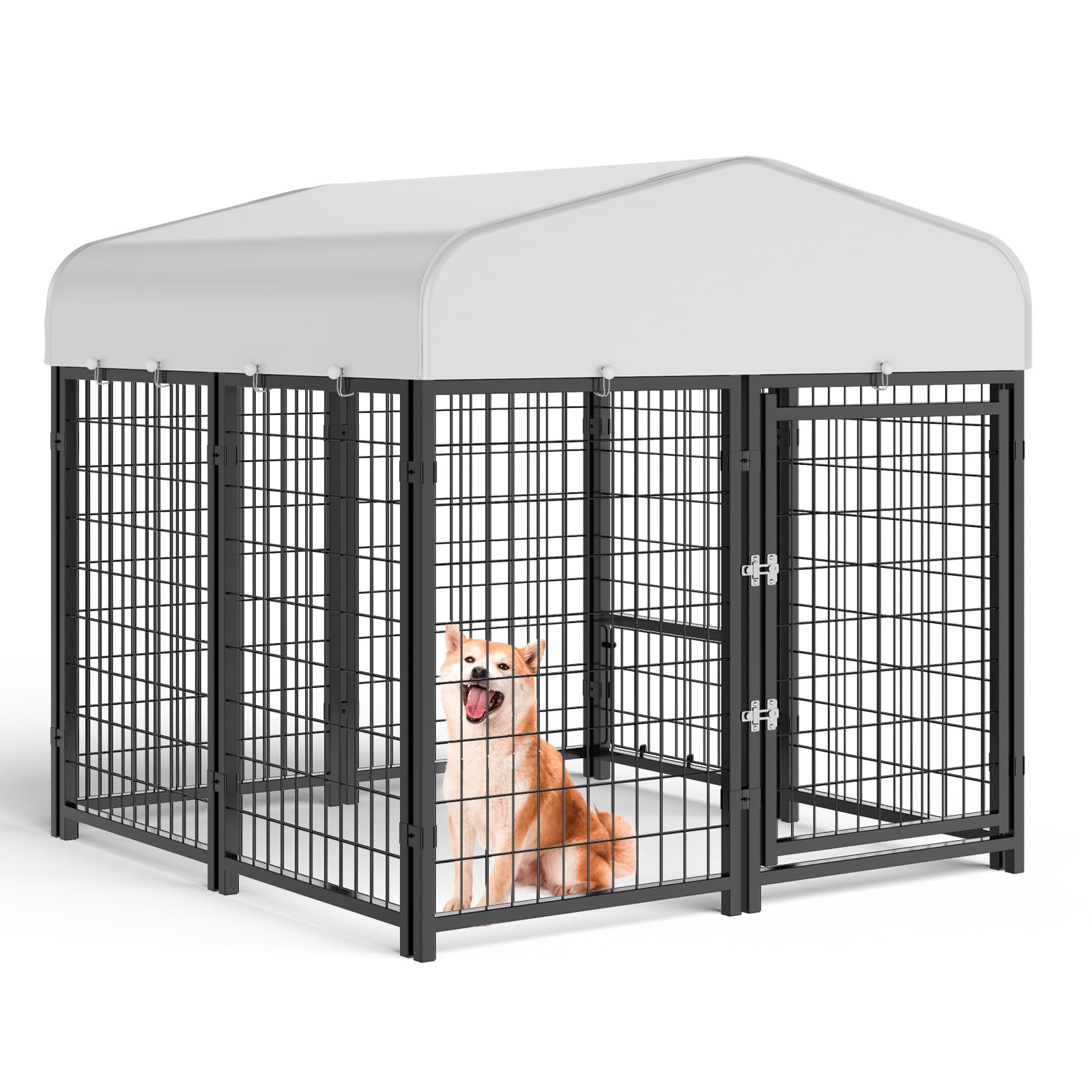 4x4x4.5ft Large Outdoor Dog Kennel with Roof & Doggy Door - Weatherproof Metal Cage Enclosure for Small Dogs - Connect to Dog House - Perfect for Backyard, Patio & Garden Use