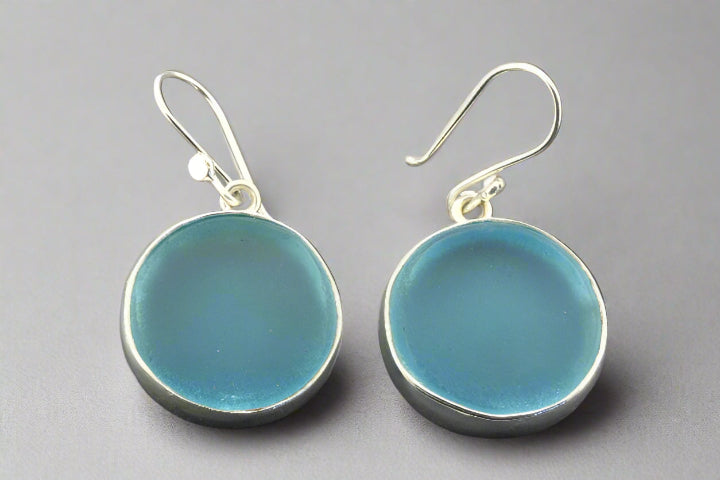 Sky Blue Large Circle Sea Glass Earrings - Handmade Boho Chic Jewelry for Beach Weddings & Summer Outfits