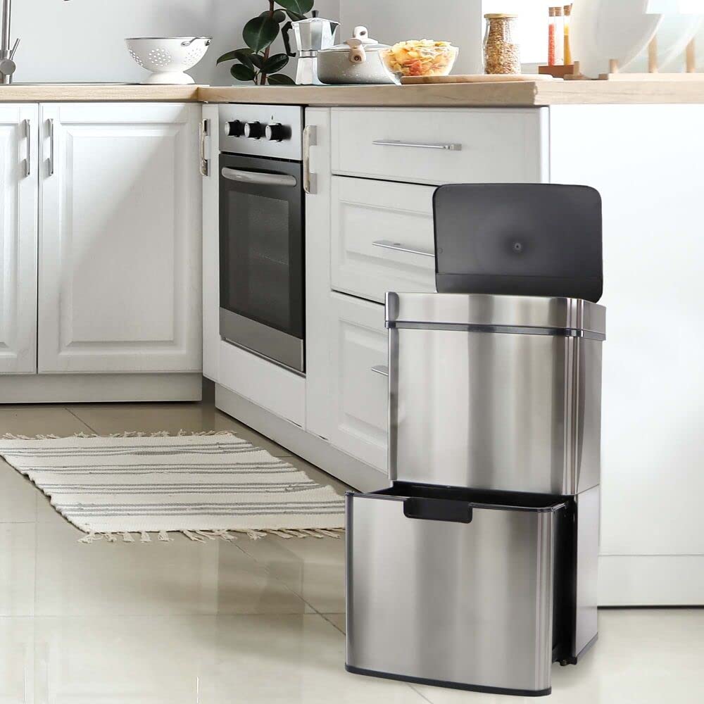 Hanover Home 16.4 Gallon Stainless Steel Motion Sensor Trash Can with Pull-Out Recycling Bin - Fingerprint-Resistant Kitchen Garbage Bin for Home & Office Use (62L) - Perfect for Waste Management in Modern Kitchens, Pantries & Break Rooms