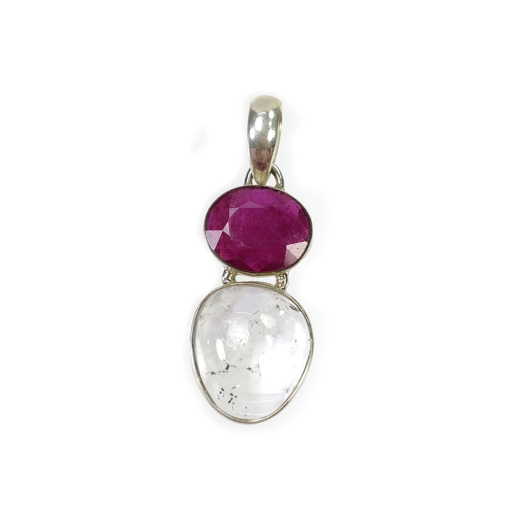925 Sterling Silver Pendant with Natural Amethyst & Glass-Filled Red Ruby Gemstones - Cabochon & Faceted Bezel Set Jewelry (1.65
