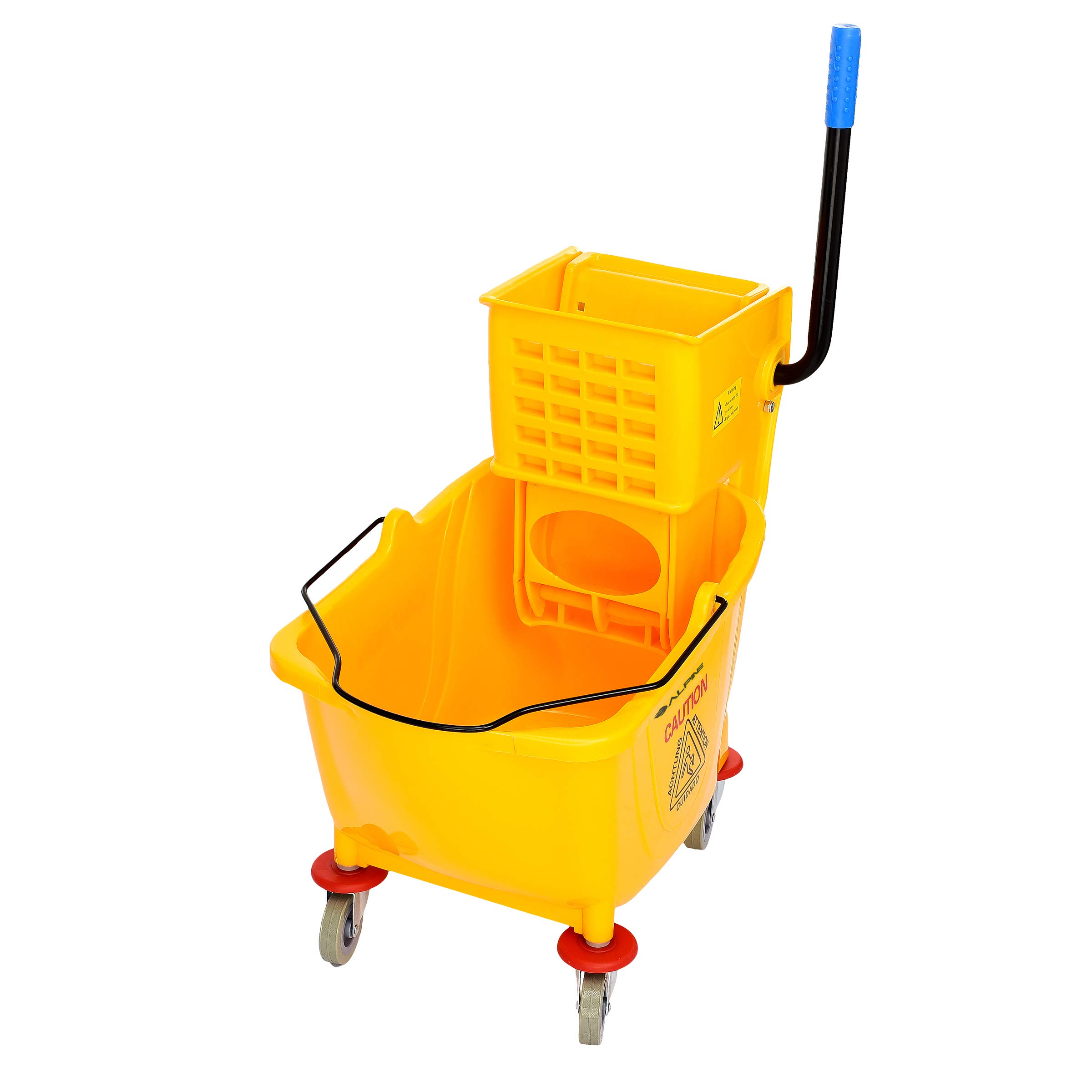 Alpine Industries Heavy Duty Commercial Mop Bucket with Side Wringer & Wheels - Spring Wringer Janitorial Cart for Home, Office & Industrial Cleaning - Yellow Commercial Cleaning Supplies for Businesses, Schools & Hospitals