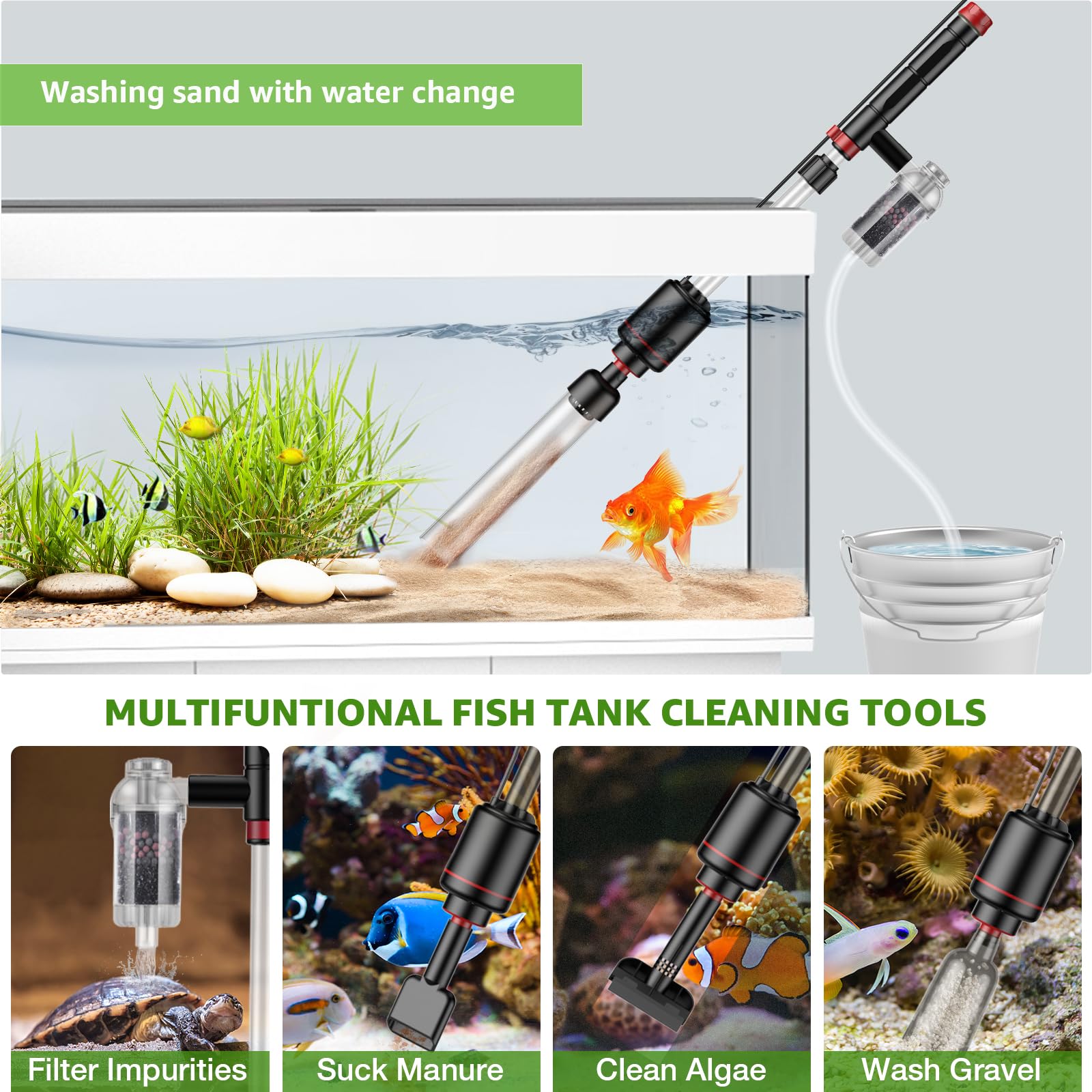 24W Electric Aquarium Gravel Cleaner - Powerful Suction Fish Tank Vacuum for Automatic Water Change, Dirt Removal & Water Circulation | Ideal for Freshwater & Saltwater Tanks, Timed Shut-Off Feature | Perfect for Home Aquariums, Fish Stores & Aquatic Maintenance