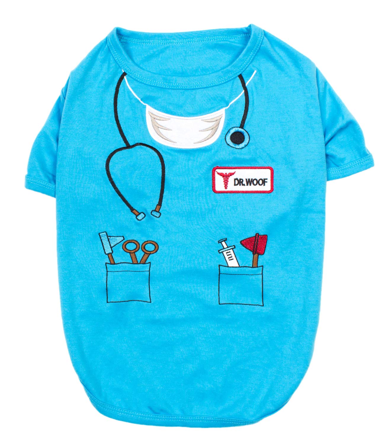 Parisian Pet Doctor Woof Dog Shirt - Embroidered Dog Pirate Costume - 100% Cotton & Polyester Doctor Outfit for Small Dogs - Blue Funny Sleeved Dog Clothes - Pet Costumes for Halloween, Dress Up Parties & Photo Shoots