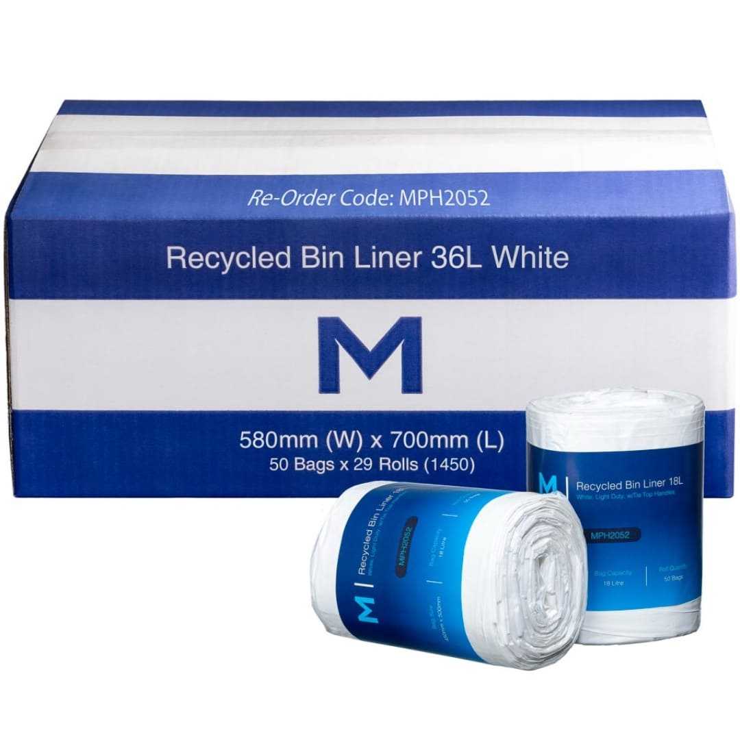 Eco-Friendly POR Recycled Bin Liners with Handles - 18L, White (450mm x 500mm x 15mu) - 1200 Bags per Box - Perfect for Home, Office & Commercial Waste Disposal