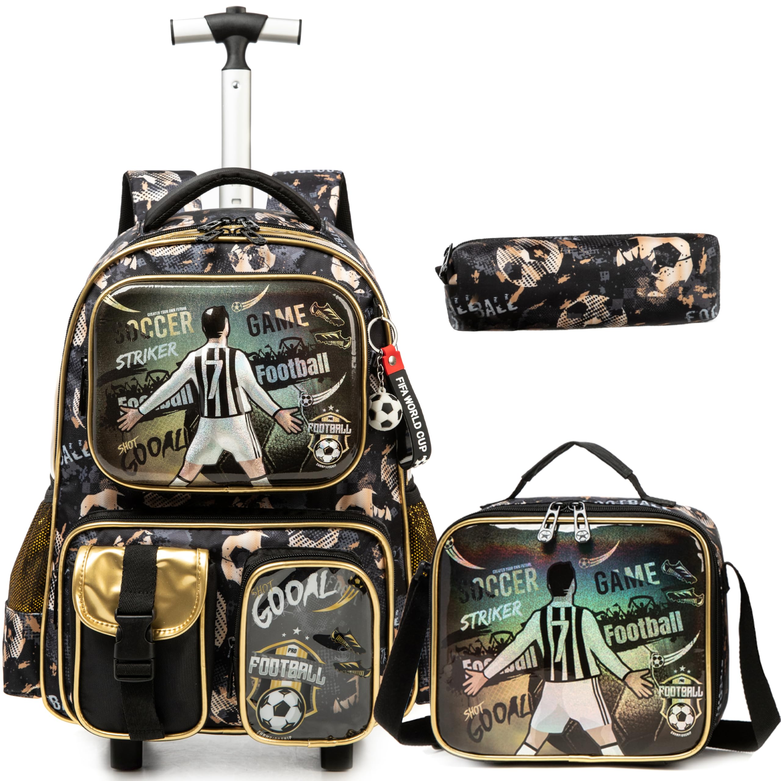 Egchescebo Kids Rolling Backpack for Boys - Soccer Themed Wheeled Luggage with Lunch Box & Pencil Case, Multiple Functional Pockets for School & Travel - Navy Blue | Perfect for Elementary Students, Daily Commute & Family Trips