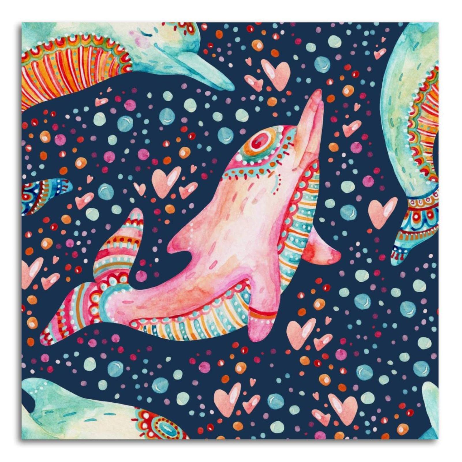 Watercolor Lovely Dolphins Bubbles Pattern Canvas Wall Art - 12x12 Inch Ocean Themed Painting for Living Room, Bedroom & Bathroom Decor - Perfect for Beach House, Nursery or Coastal Style Home Decor