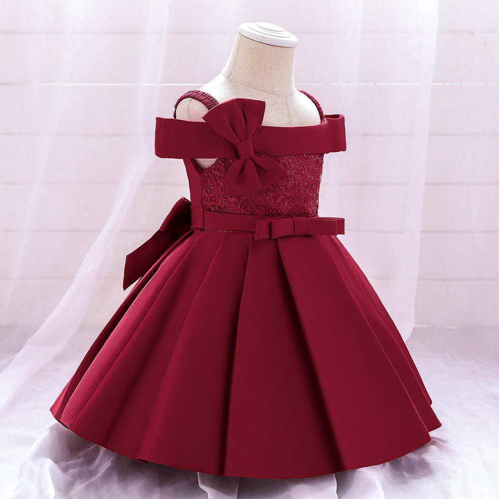 Princess Tea Length Satin Flower Girl Dress with Lace and Bows - Elegant Flower Girl Attire for Weddings, Birthday Parties, and Special Occasions