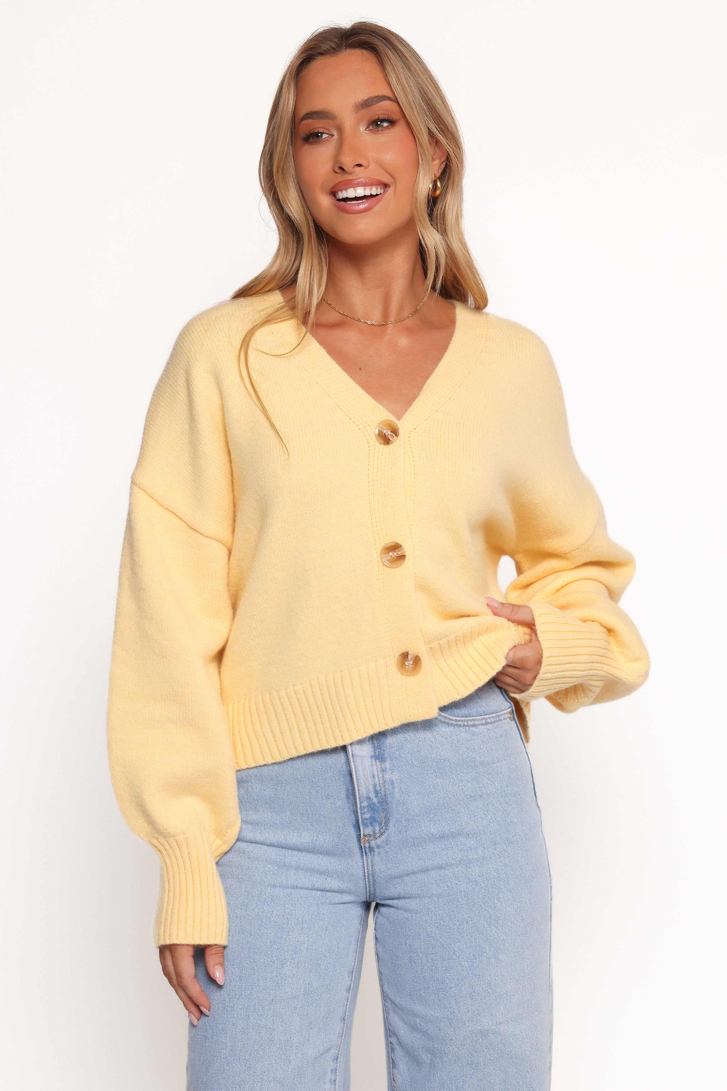 Isabel Button Front Cardigan for Women - Soft Knit Long Sleeve Open Front Sweater in Yellow | Perfect for Office Wear, Casual Outfits & Layering in Fall & Winter