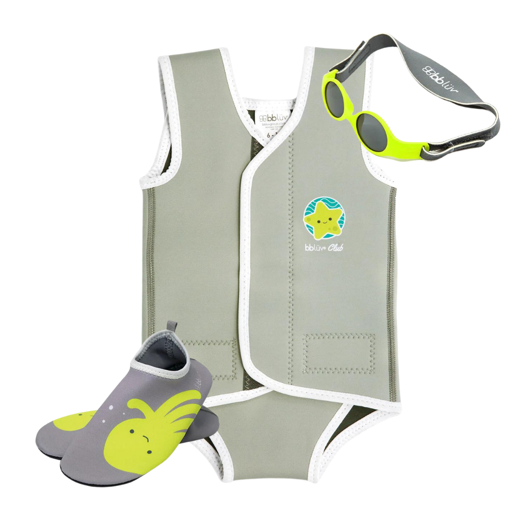 Solar Mini 2-Step Baby Sunglasses + Neoprene Baby Wetsuit (0-6 Months) + Neoprene Water Shoes (1-2 Years) - Grey & Neon - Perfect for Beach, Pool & Outdoor Water Activities