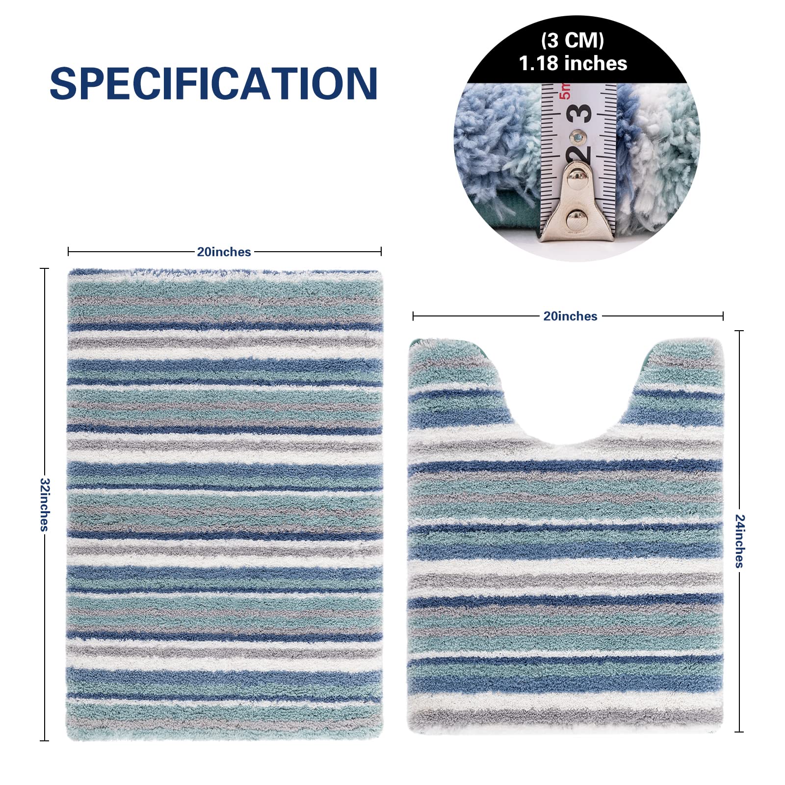 Premium 2-Piece Carvapet Bathroom Rug Set - Ultra Soft Absorbent Microfiber Bath Mat & U-Shaped Toilet Rug, Non-Slip Shaggy Machine Washable Floor Mats in Blue Grey White (20