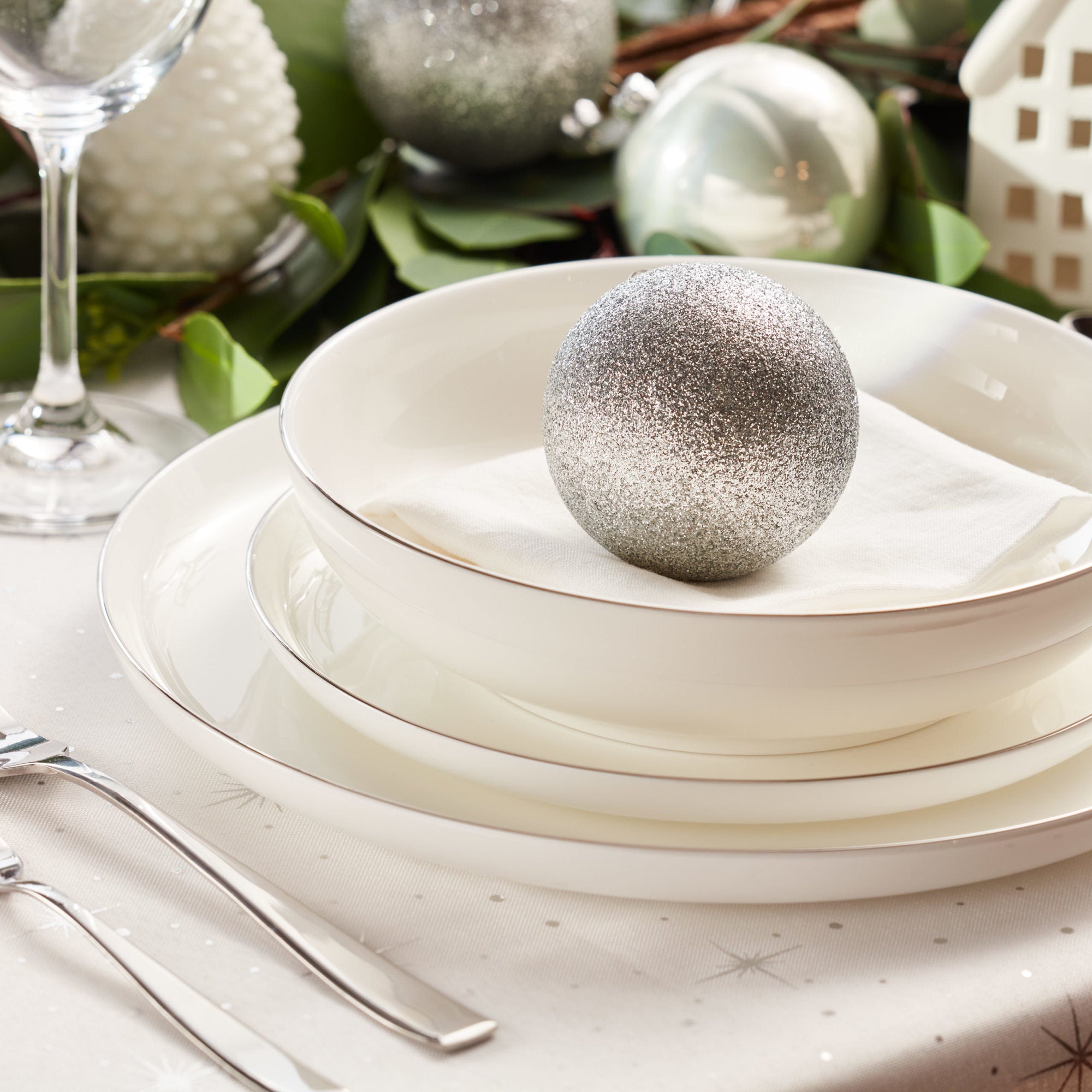 Premium Gabrielle Bone China Dinnerware Set - Elegant White & Platinum 12-Piece Set for Formal Dining & Special Occasions