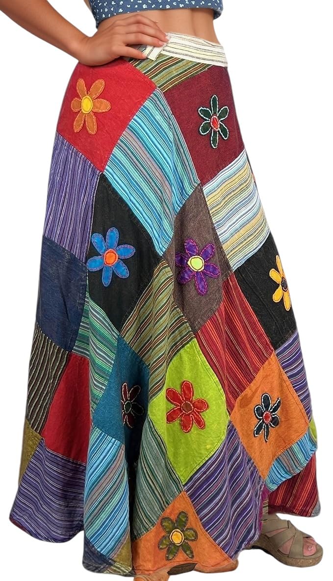 **Agan Traders Women's 2025 Spring & Fall Boho Maxi Skirt - High Waisted Long Skirt with Patchwork & Tie-Up Design, Bohemian Wrap Cover Up for Casual Outings, Beach Vacations & Festivals**