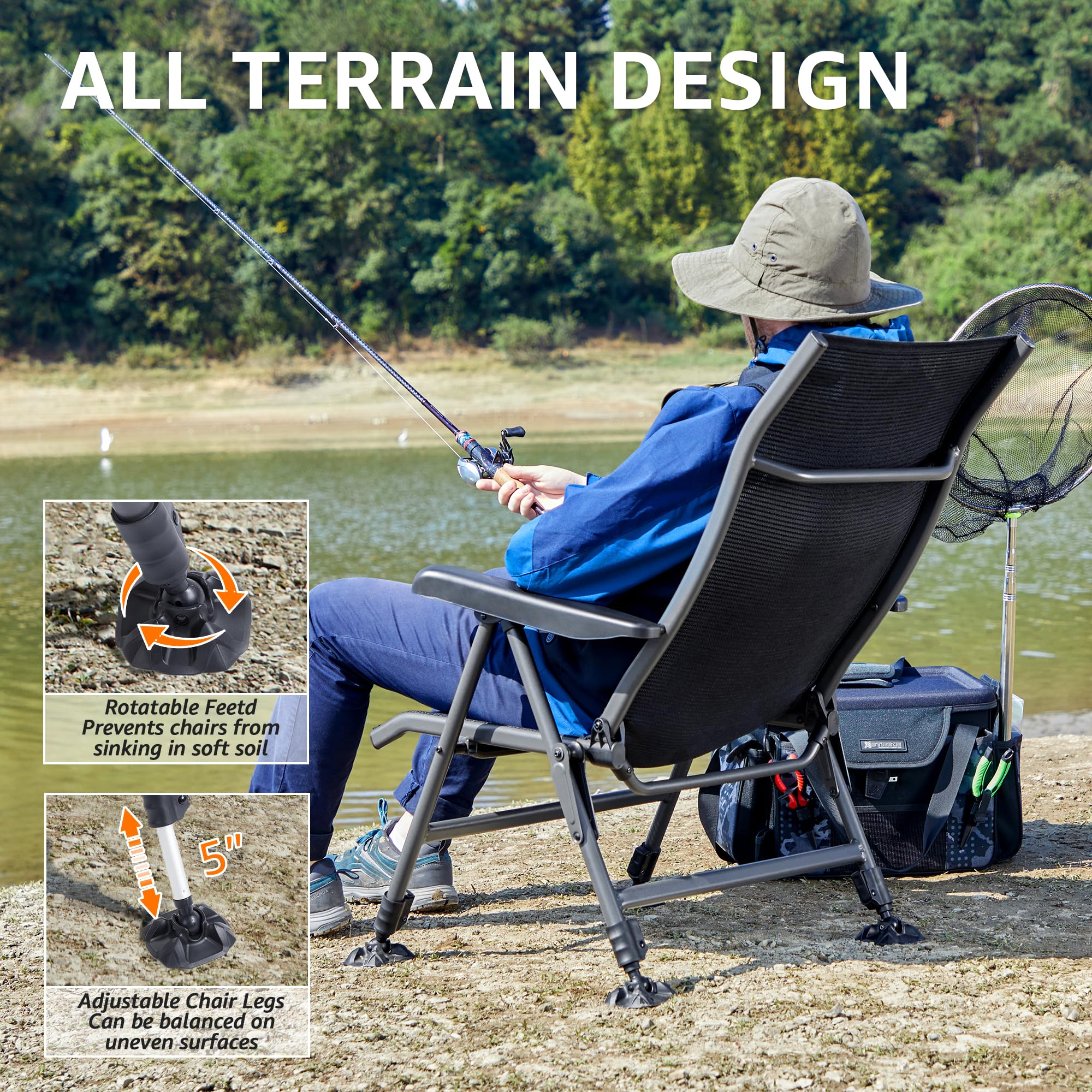 Premium Folding Camping Chair for Adults - Adjustable High Back Support with Breathable Mesh & Aluminum Frame - Perfect for Fishing, Camping, Lawn, Patio & Outdoor Relaxation - Lightweight Portable Design for Easy Transport & Storage
