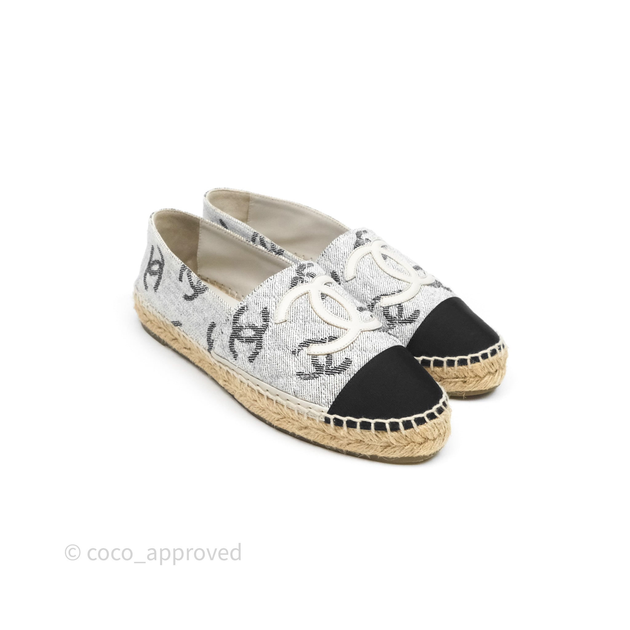 Chanel CC Logo Grey Cotton Jacquard Black Grosgrain Espadrilles Women's Shoes Size 38 - Perfect for Casual Outings, Summer Weddings & Luxury Fashion Lovers