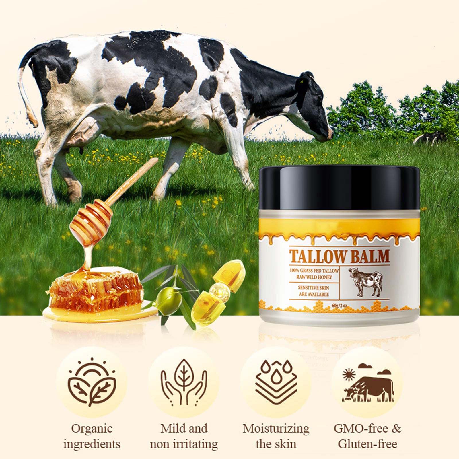 Organic Tallow Honey Balm - Face & Body Cream with Wild Honey & Olive Oil for Dry Skin Care